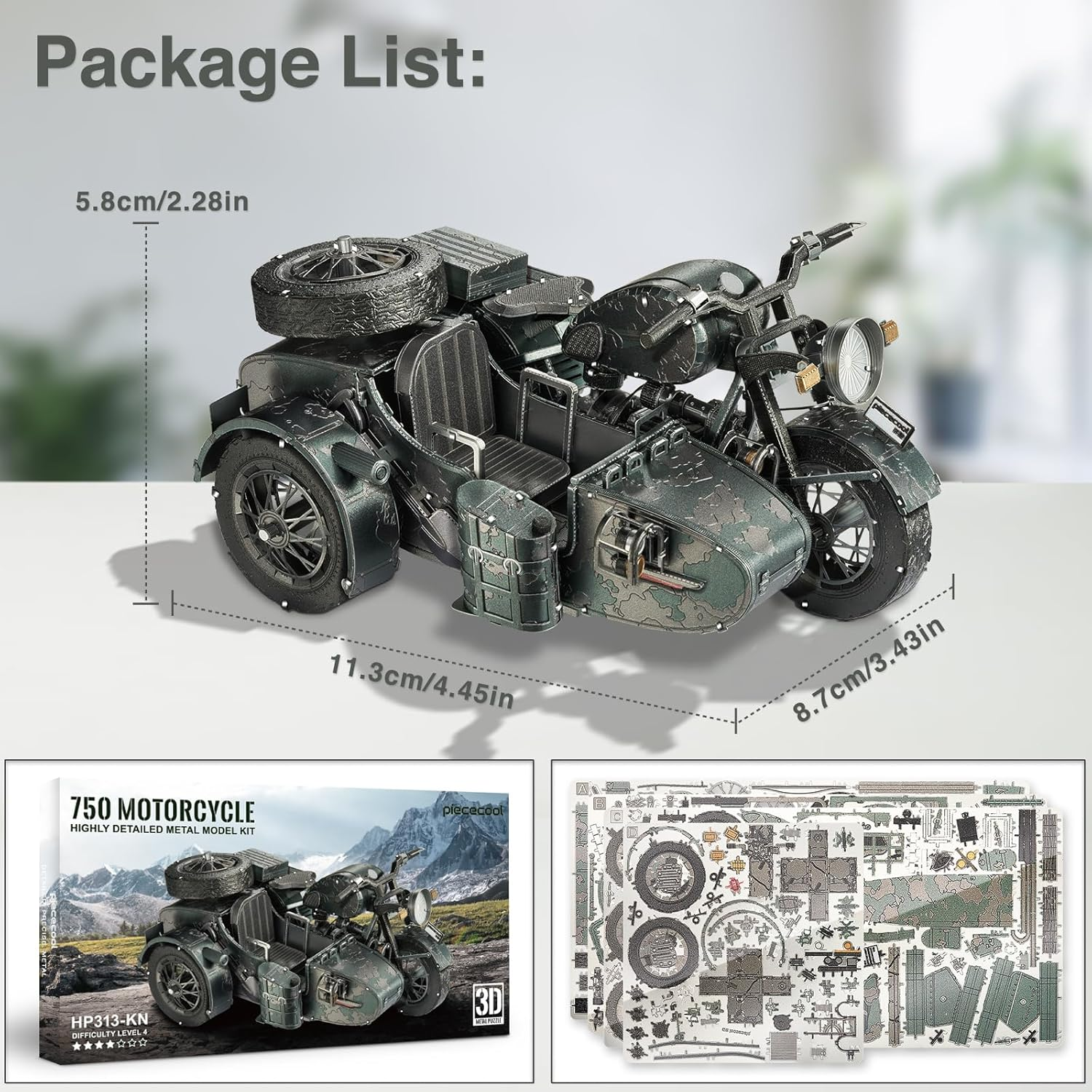 Piececool 3D Puzzles for Adults, Motorcycle with Sidecar Metal Model Building Kits for Family Time, Side Car DIY Assembling Arts and Crafts Best Birthday Gifts, Dark Green image number 6