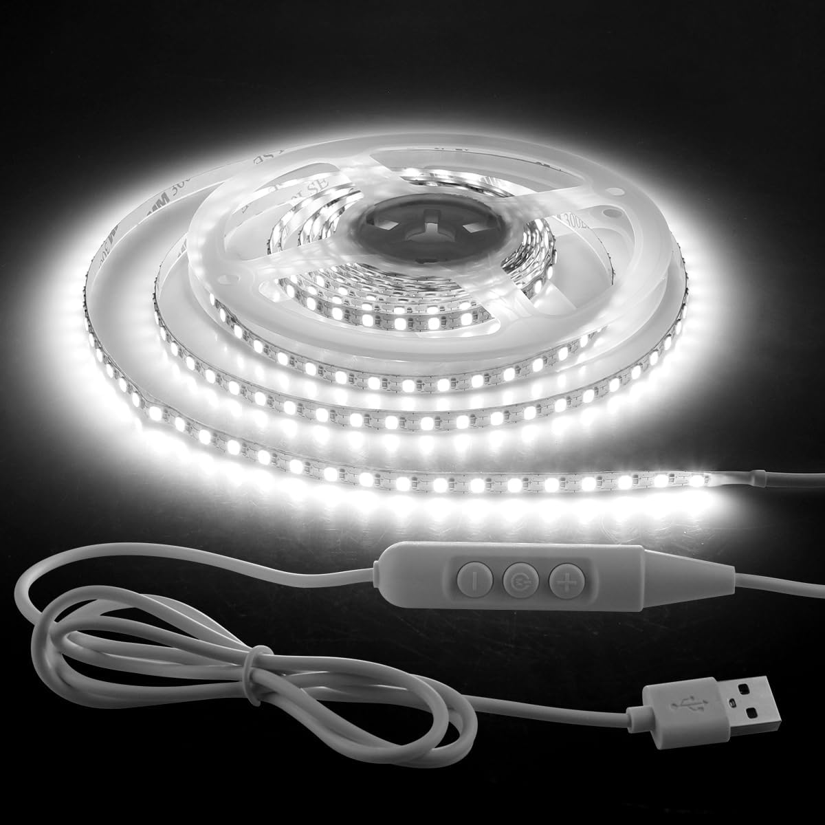 Aclorol LED Strip Light 2M Cool White USB Dimmable LED Strip Light for Bedroom with 1.5M Long Cable Cuttable for under Cabinets Cupboard Computer Desk Ambient Lighting 5Mm Width 6000K