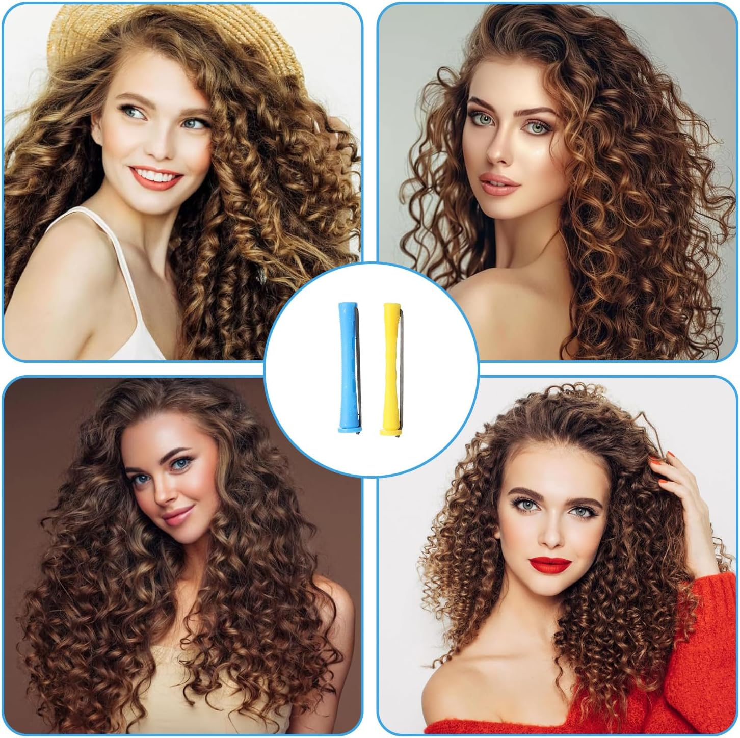 Perm Rollers Small Curlers Small Perm Set Complete 0.35/0.27 Inch Hair Perm Rods with Steel Spit Comb for Long Short Hair Styling Tool Blue/Yellow Pack of 24 image number 3