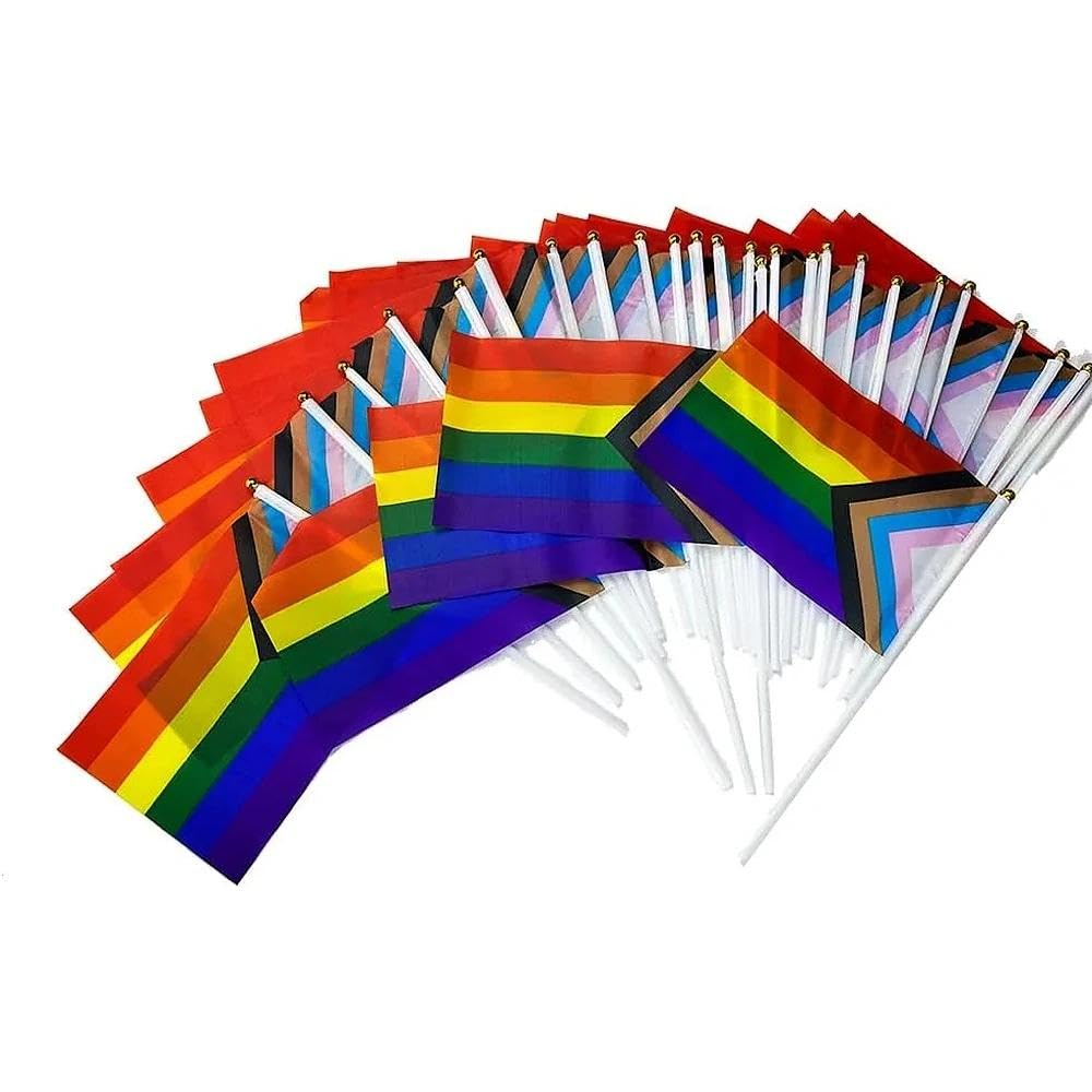 Rainbow Pride Flag 50 Pack Mini Outdoor Handheld Flags with Plastic Pole, Durable Polyester Colourful Pride Flag for Parade, Garden, Party D&eacute;cor &ndash; Ruibex