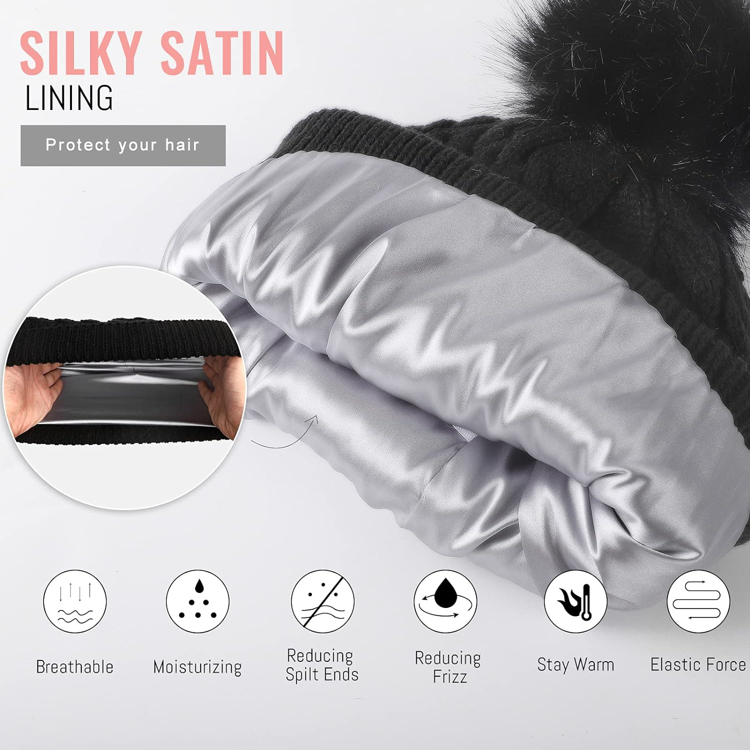 Womens Winter Satin Lined Beanie Hat Cuffed Cable Knit Detachable Faux Fur Pompom Silky Lined Warm Cap - Black image number 3