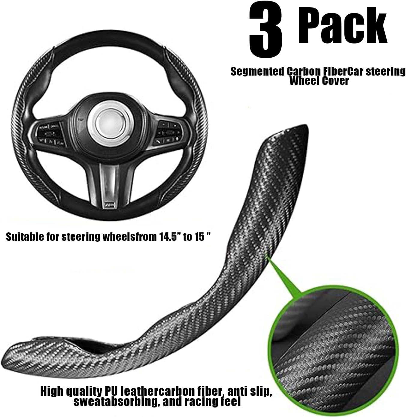 WEZCHUGHAOL Carbon Fiber Steering Wheel Cover, 3Pcs Segmented Anti-Slip Universal Fit for Cars &ndash; Durable Protector for Men & Women, Fits 99% Vehicles (Black) image number 3