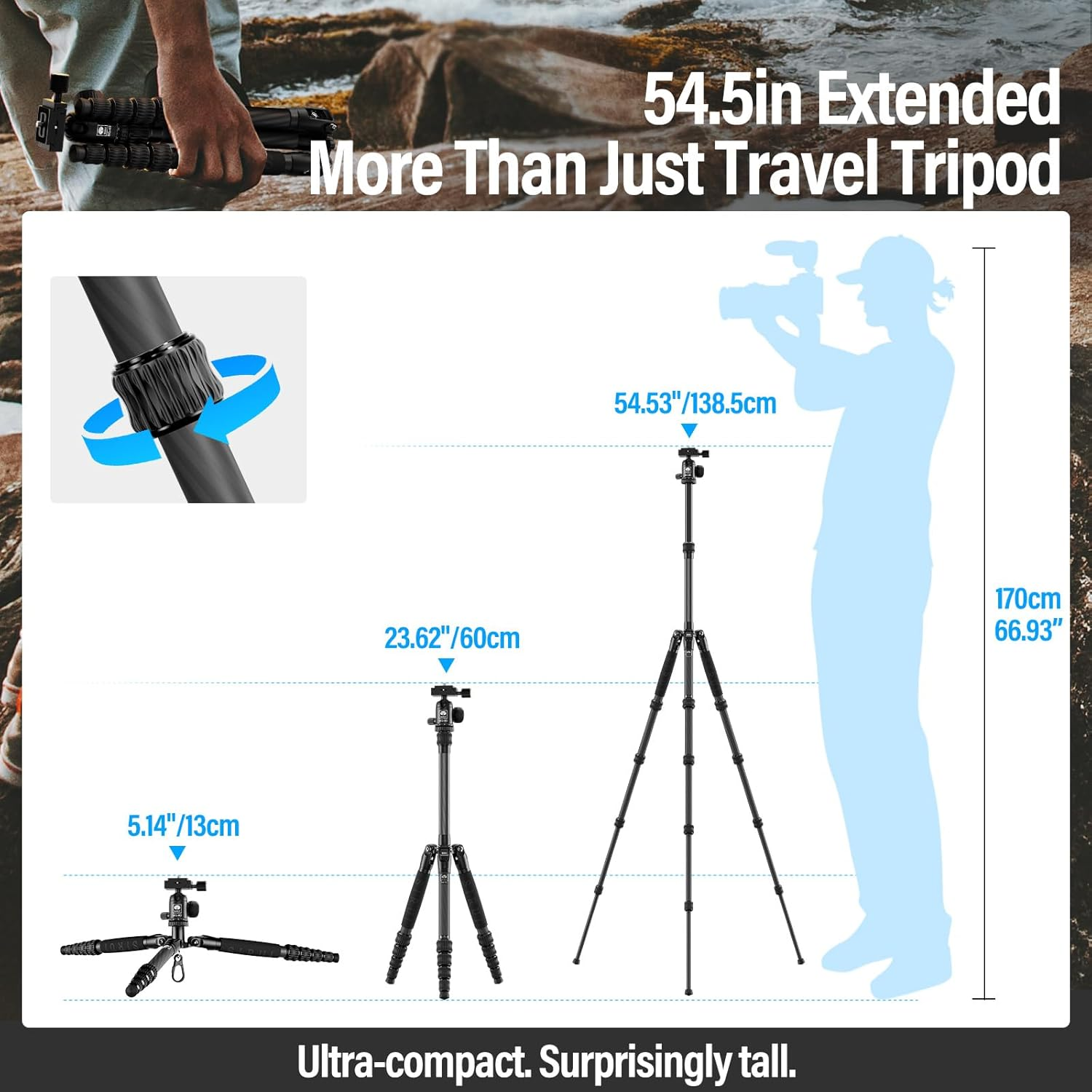 SIRUI Lightweight Carbon Fiber Travel Tripod, 6Kg Load Capacity Compact Camera Support with Carry Bag, Portable for DSLR Mirrorless Cameras, Max Height 54" for Hiking Vacation Vlogging
