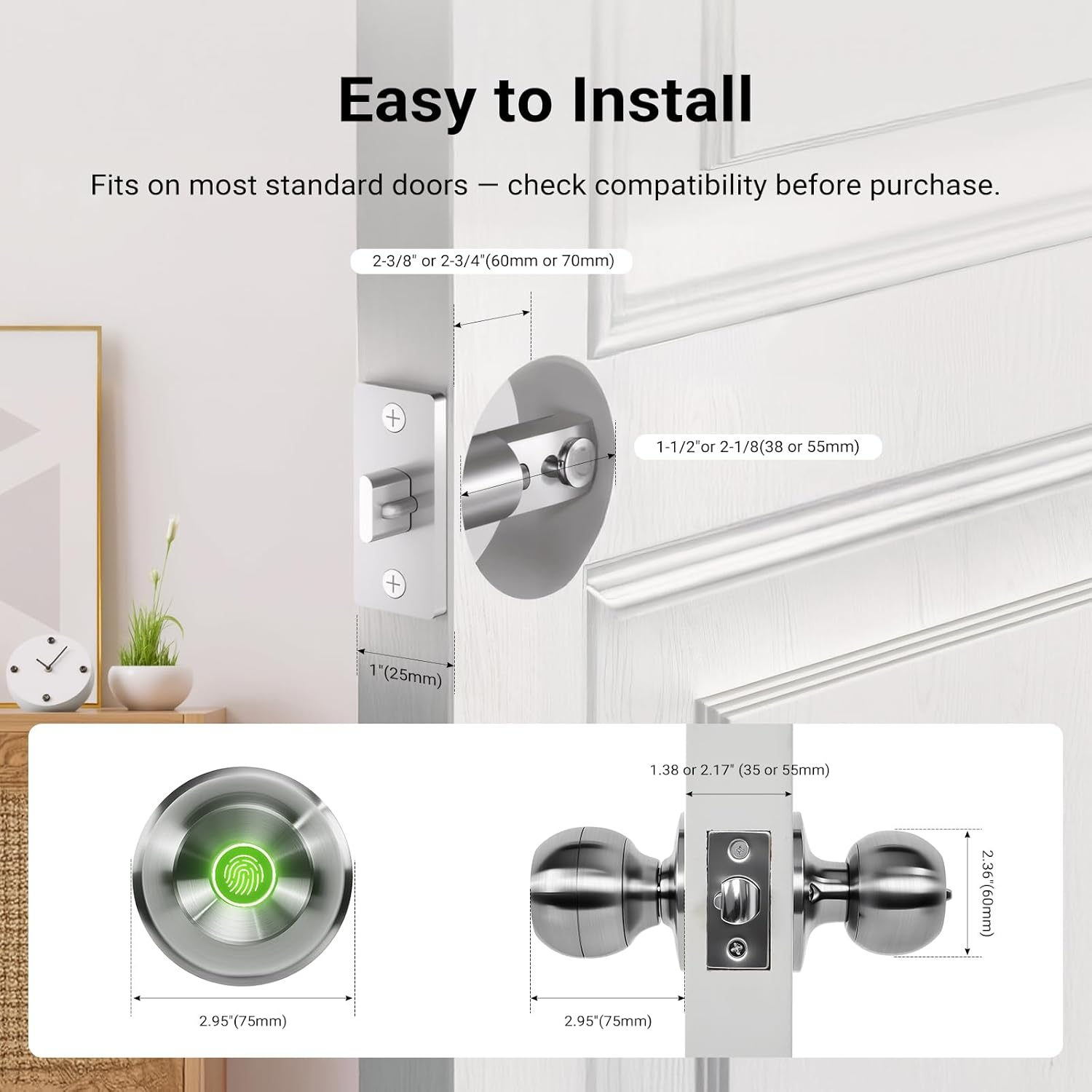 LIWEGHT Smart 3In1 Fingerprint Door Lock Keyless Entry with Biometric Handle, Auto-Lock, Bluetooth & App Control for Front Door, Bedroom, Office (Silver)