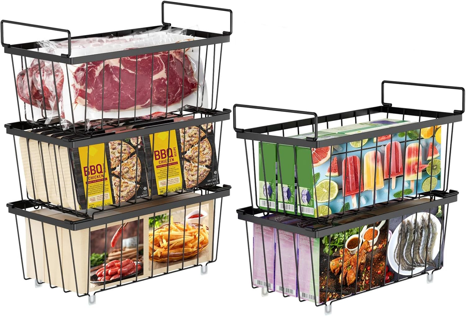 Kitment 5-Pack Stackable Chest Freezer Organiser, Fridge Organiser Basket, Deep Freezer Bins, Pantry Organiser, with Handles, for Chest & Upright Freezers, for Frozen Meat, Vegetables & More image number 6