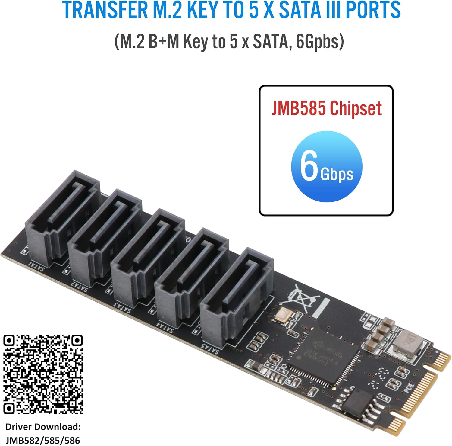 M.2 to SATA3.0 Controller Card, 5-Port SATA III 6Gbps Expansion Cards, Supports SSD and HDD, Compatible with Windows/Linux/Mac OS, M2-SATA-5P-N1 - 3. M.2 To Sata 5-Port image number 2