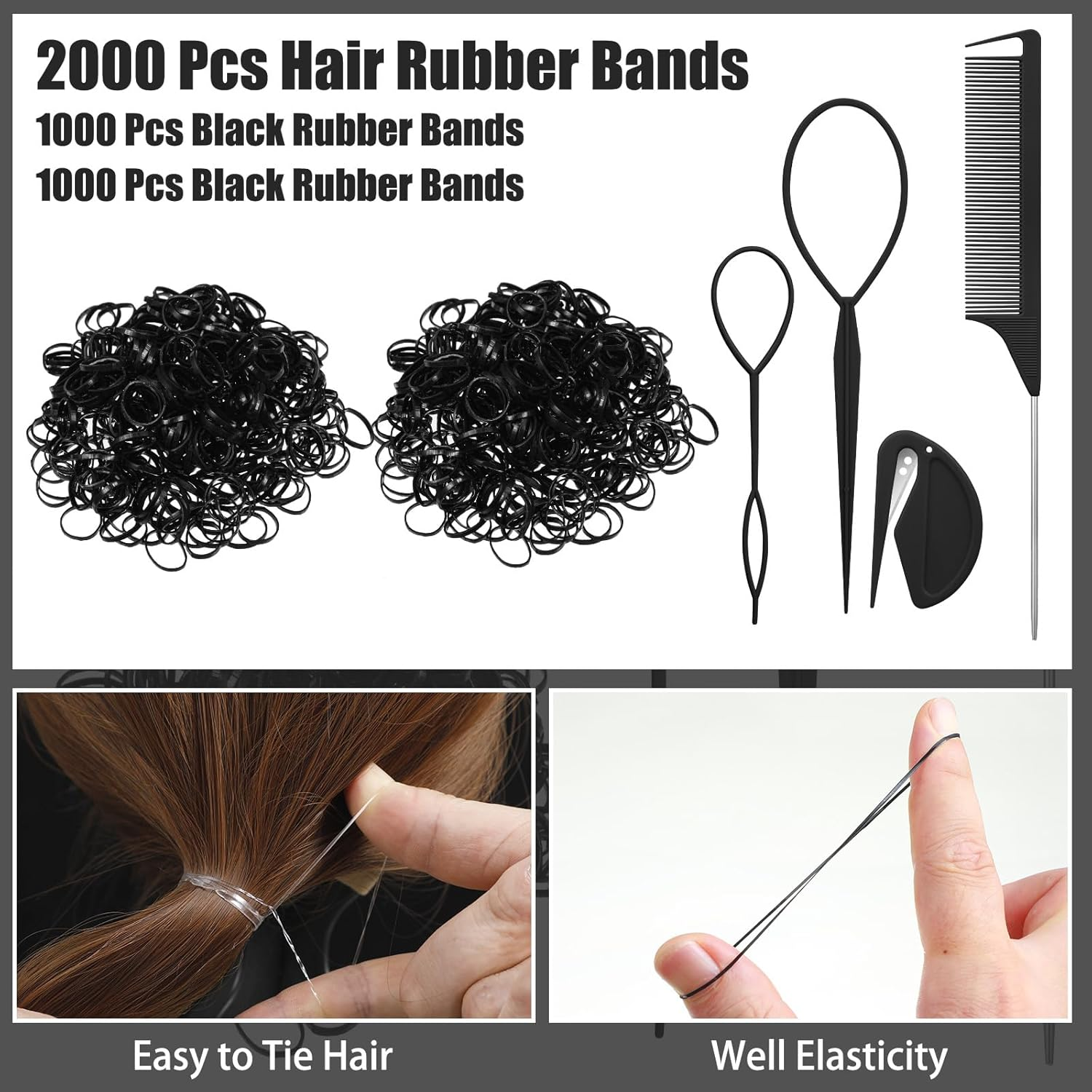 Pack of 2000 Hair Bobbles Small Black Hair Bobbles Mini Elastic Hair Band with Hair Bobbles Cutter Hair Tail Tools, Handle Comb for Girls Lady Doll Hair Styling image number 5