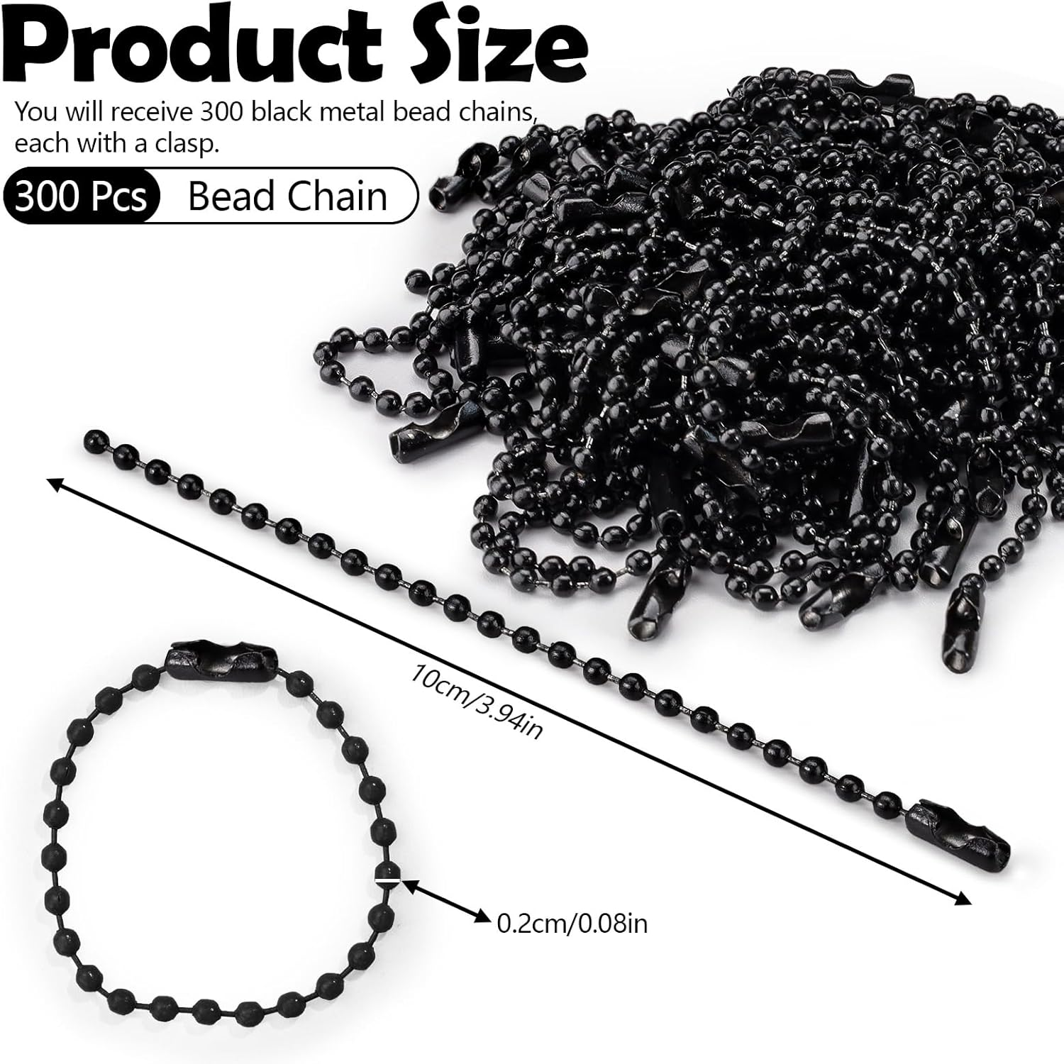 Sekonow 300Pcs Ball Bead Chain, 4" Long 2.4Mm Diameter Ball Chain Key Chain with Connectors, Metal Beaded Chain Keychain Rings for Key Chains Making Crafts Dog Tag Chain, Black