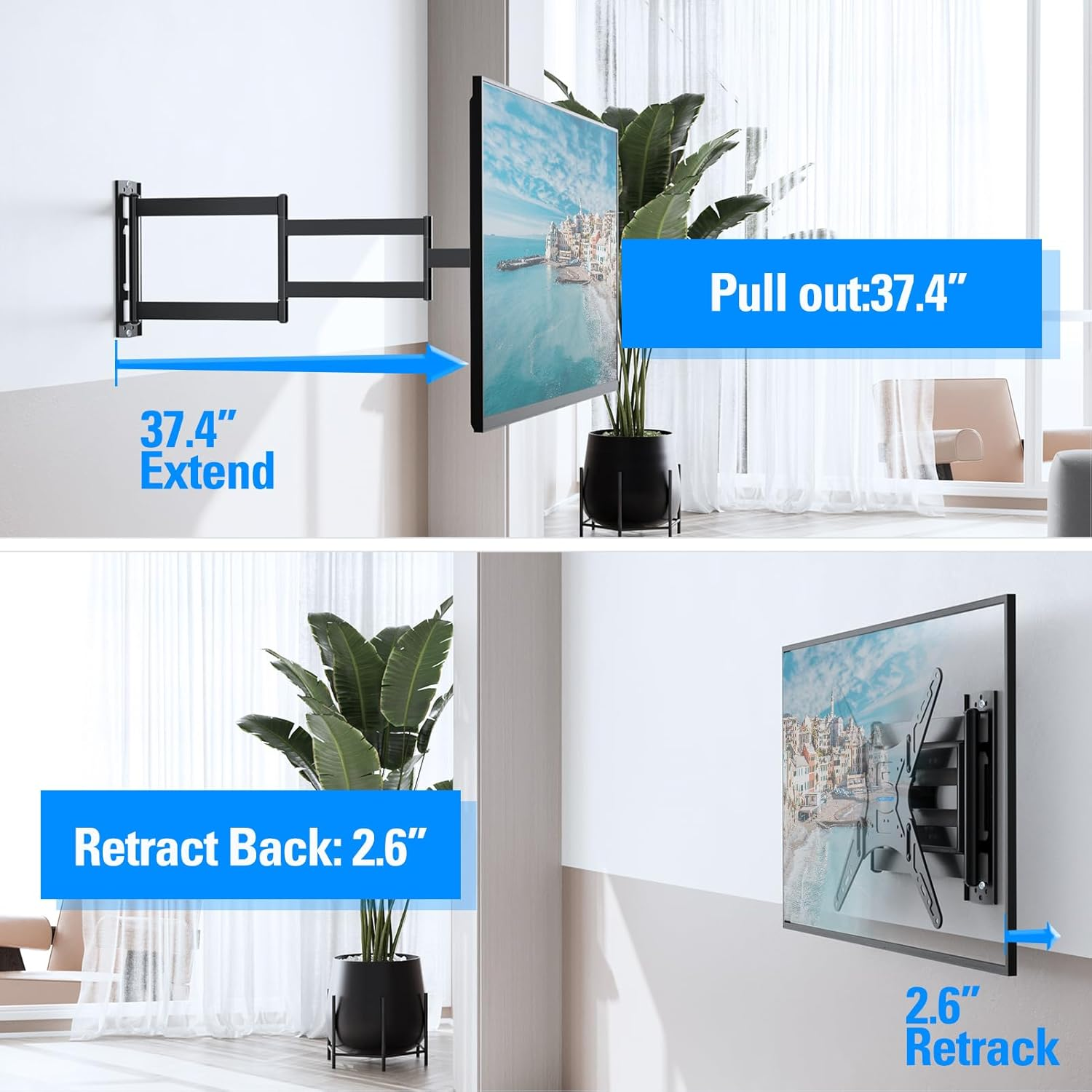 MOUNTUP Long Arm TV Wall Mount for Most 26-65 Inch Tvs, Corner TV Mount with 37.4 Inch Extension Arm, Smooth Swivel Tilt Single Stud Full Motion TV Bracket Max VESA 400X400Mm, Holds to 77 Lbs, MU0047