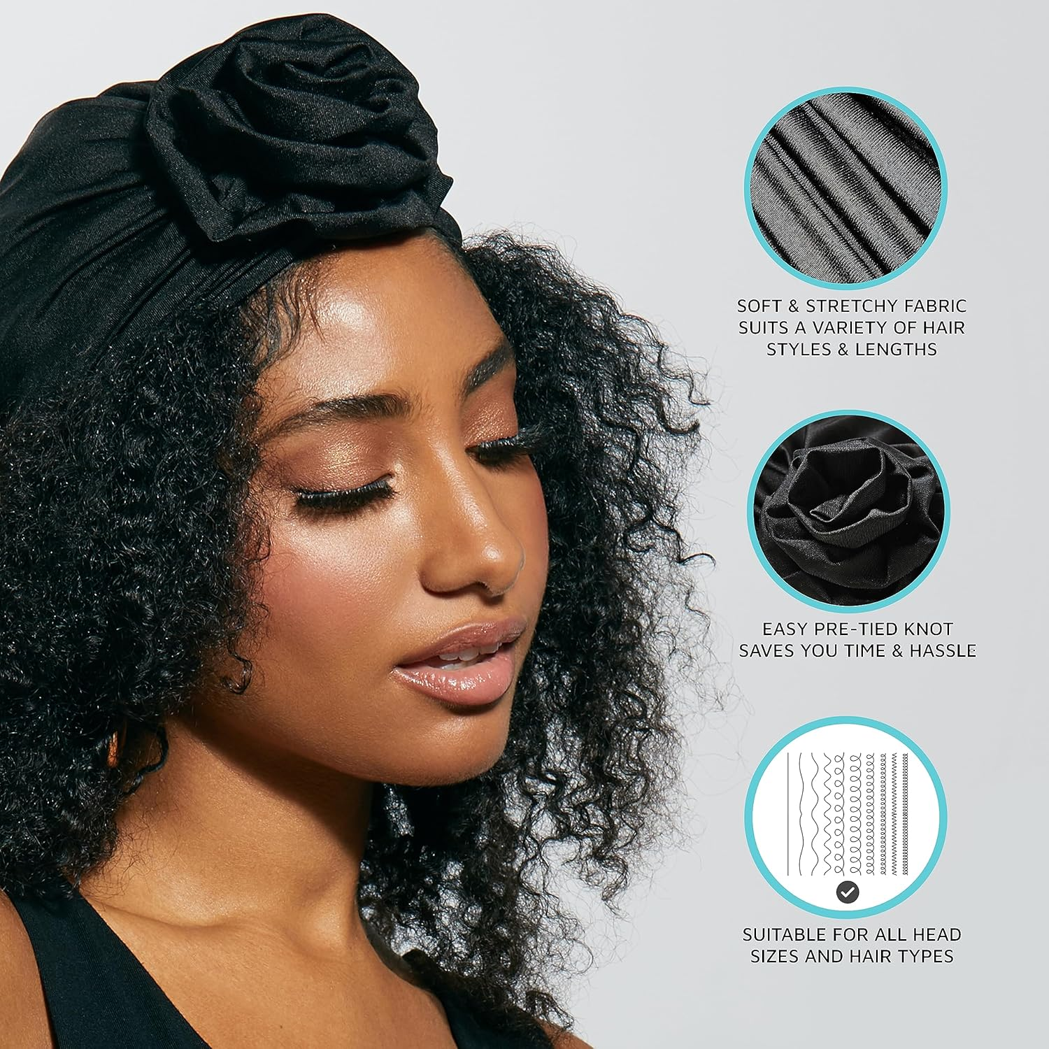 KISS COLORS & CARE Top Knot Pre-Tied Turban - Black - Stylish, Stretchy & Soft for Sleeping, Maximum Hair Protection, Minimizes Breakage, Comfortable for All Types of Hair image number 2