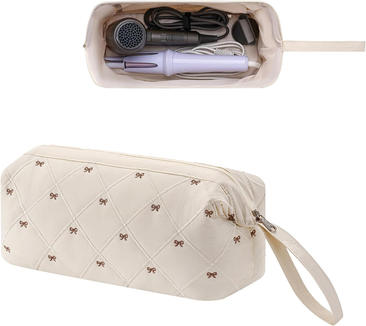 RSRSLEII Large Quilted Hair Tools Travel Bag with Bow Pattern,Waterproof Hair Styling Accessories Storage Case for Shark Flexstyle, Dyson Airwrap Hair Dryer, Curling Iron, Revlon Hair Tools, 03Beige image number 4