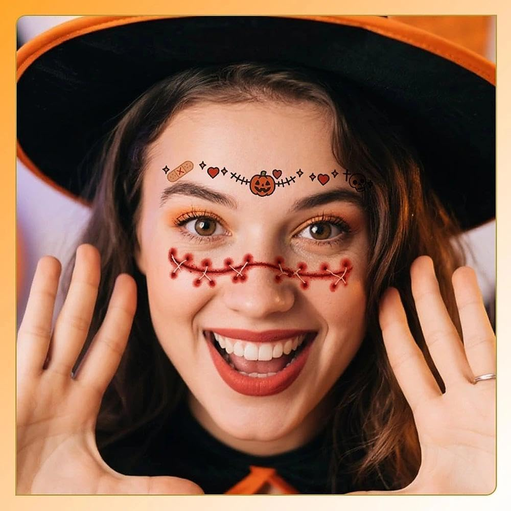 Halloween Face Stickers for Women Girls Cute Bat Skull Spider Pumpkin Temporary Face Tattoos for Day of the Dead Festival Halloween Party Vampire Gothic Masquerade Makeup Decorations 4Pcs - Pumpkin image number 2