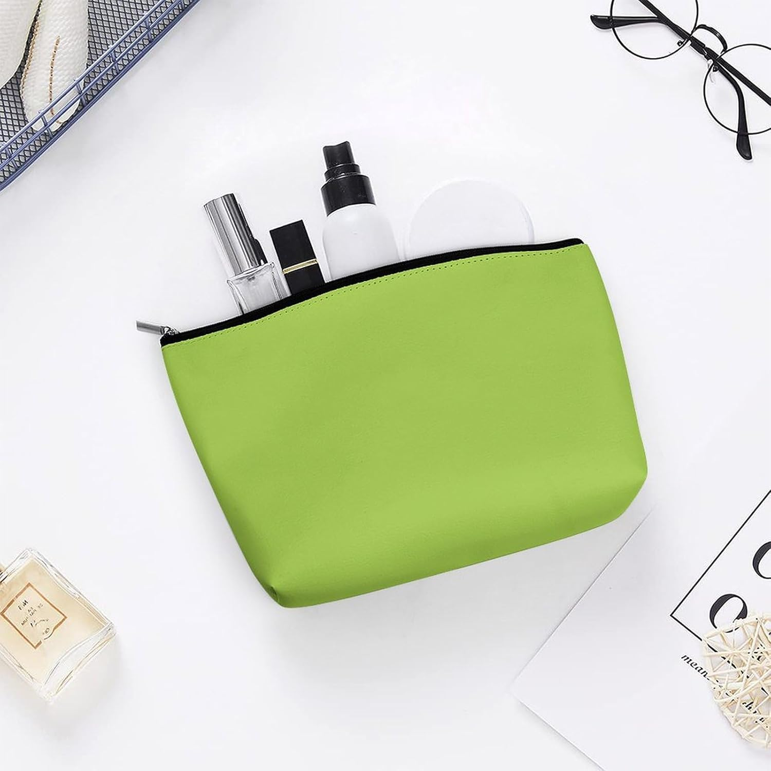 Travel Makeup Bag, Cosmetic Bags for Women Large Capacity Waterproof Toiletry Pouch Make up Organizer, Solid Lime Green, 6.8 X 5.9 X 2.3 Inches, Solid Lime Green image number 4