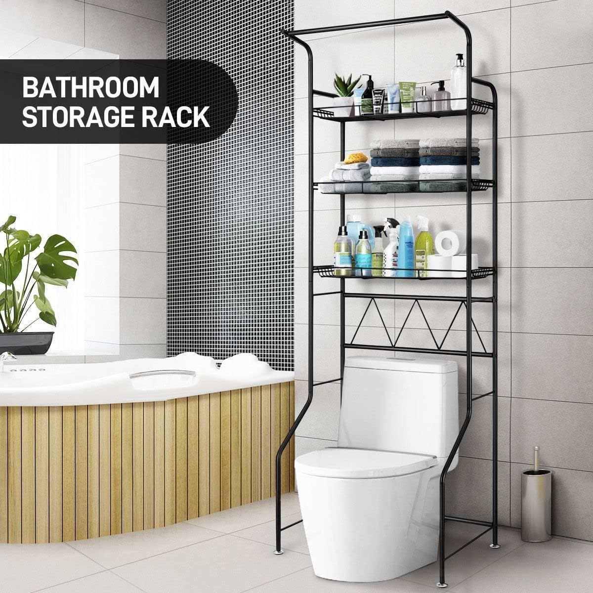 3-Tier over Toilet Washing Machine Shelf Steel Freestanding Bathroom Rack Laundry Shelf Storage Organizer - Black-R1 image number 3