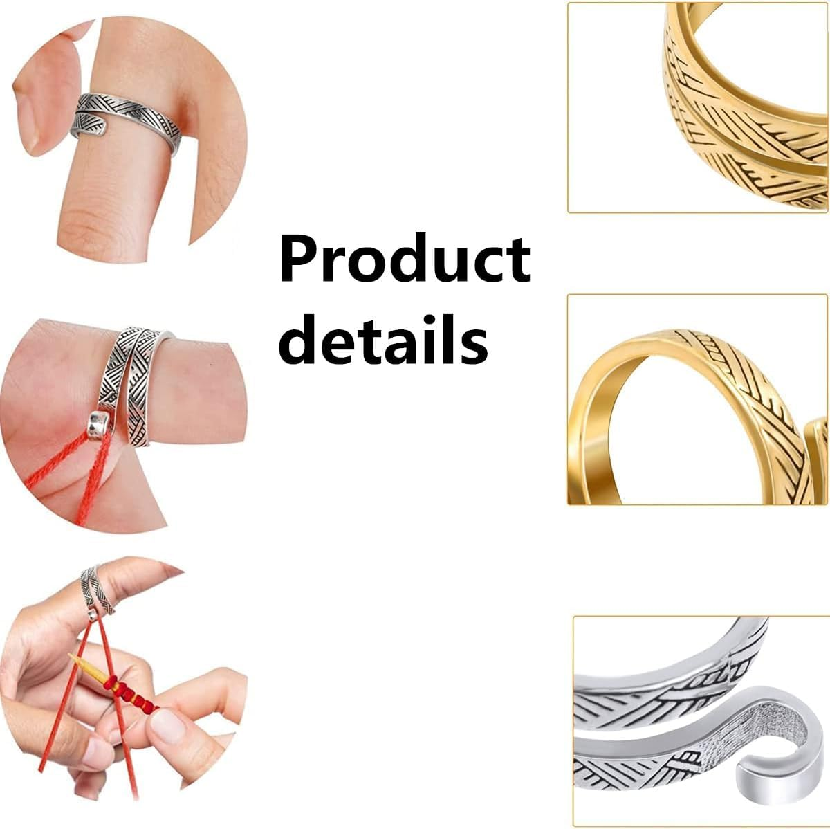4 Pack Knitting Crochet Loop Ring for Fingers,Metal Open Yarn Guide Finger Holders,For Crocheting, Yarn Guide Crochet Loop Ring for Crochet- Gold & Silver image number 6
