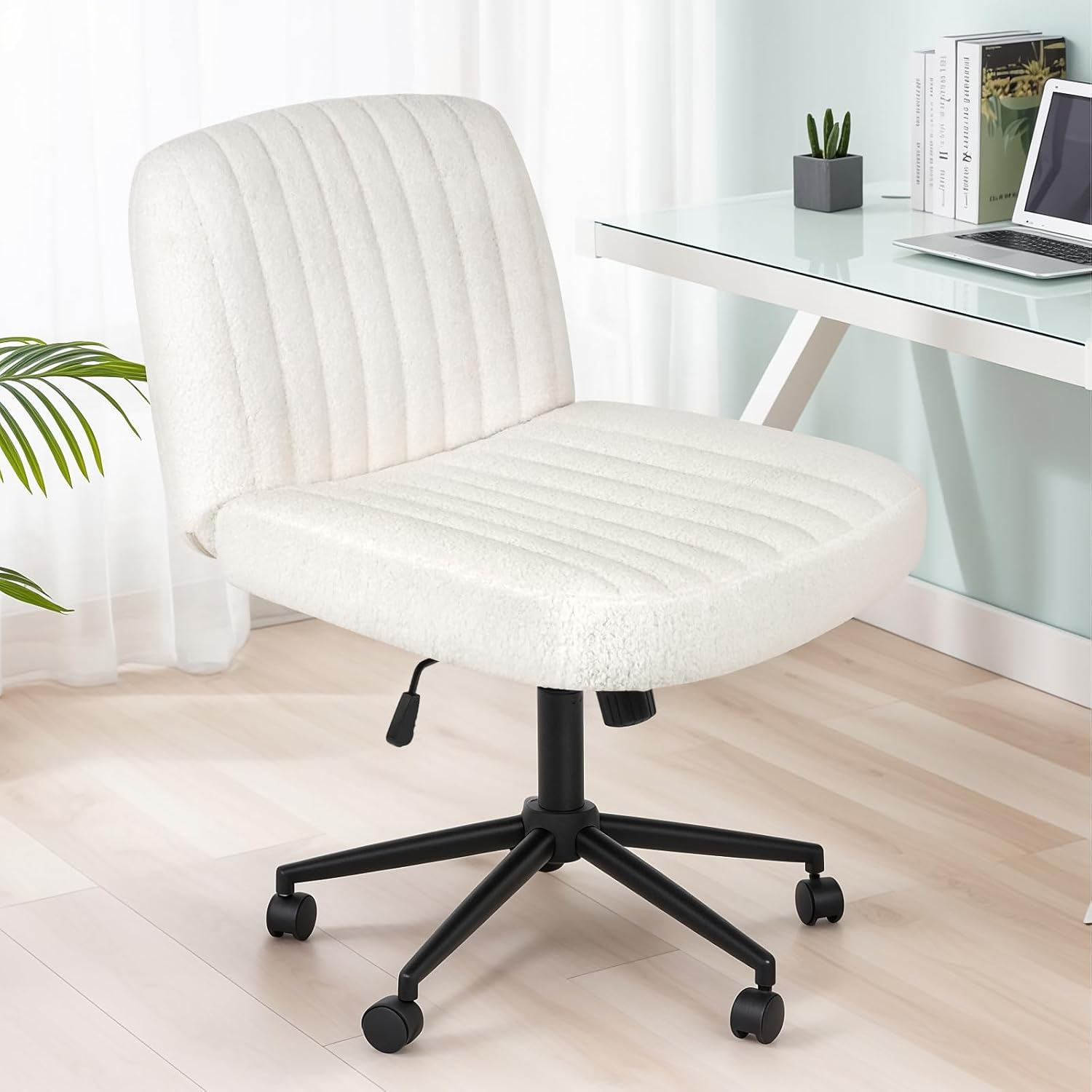 Advwin Criss Cross Legged Office Chair Armless Computer Chair with Wide Seat Swivel Vanity Chair with Adjustable Height Ergonomic Desk Chair for Home Office Study Bedroom Workstation, Beige