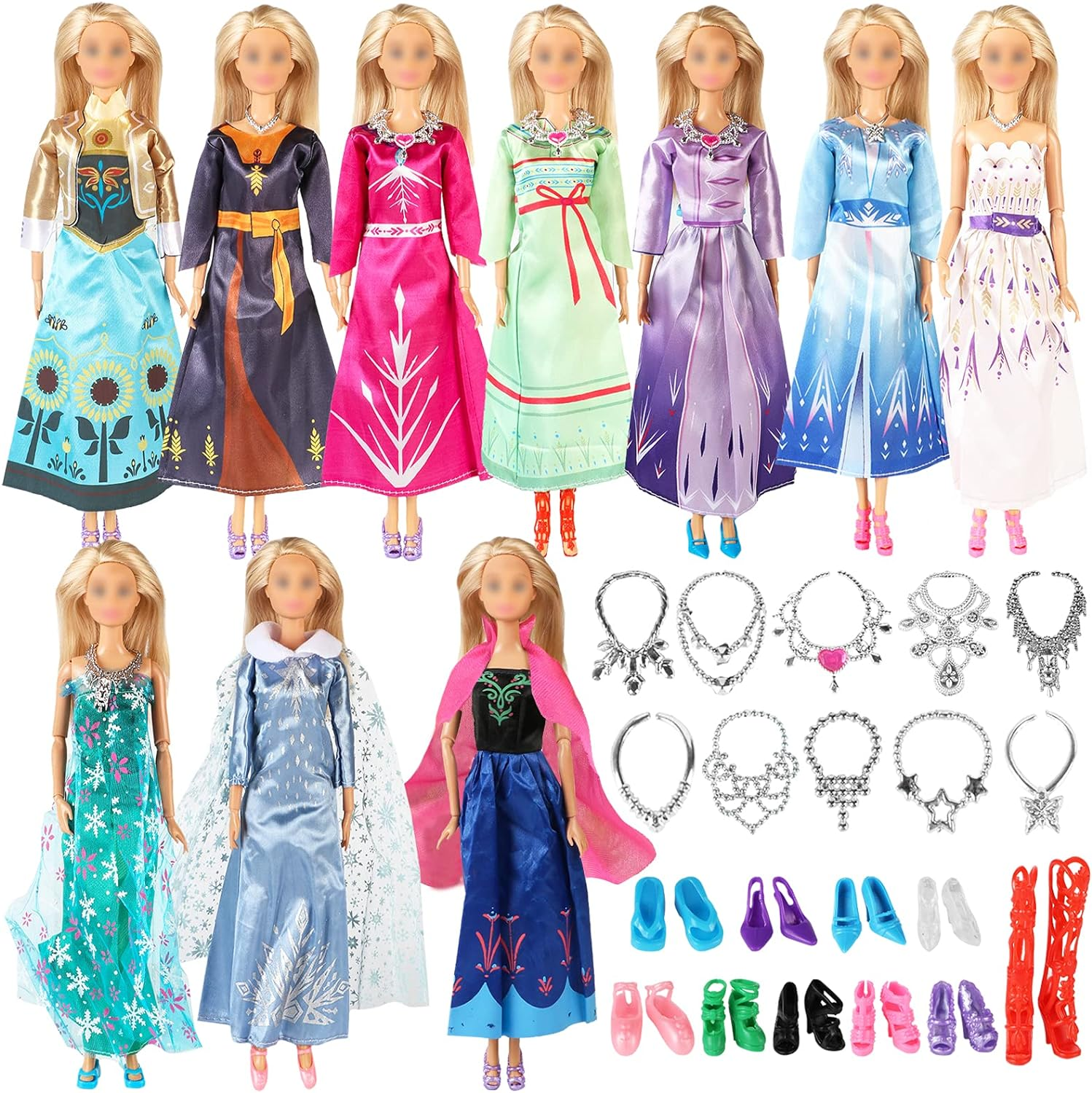 ONEST 30 Pieces Princess Clothes and Accessories for 11.5 Inch Girl Doll Include 10 Pieces Princess Dresses, 10 Pairs Shoes and 10 Pieces Necklaces - Litter Girls Gift image number 4