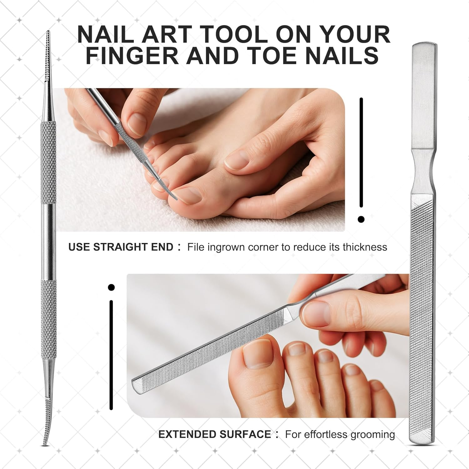 FERYES Ingrown Toenail Removal Tool Kit - 6 Piece Pedicure & Manicure Tools Set with Nail Files, Lifters, Cuticle Trimmers - Podiatrist Grade Nail Care Kit for Thick & Ingrown Nails - Silver image number 6