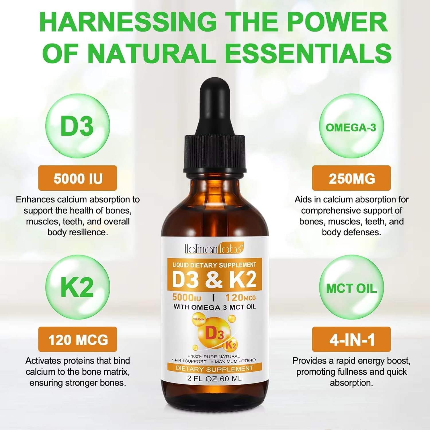 Vitamin D3 K2 Liquid Supplement 60Ml | 2-In-1 Supplement | Vitamin D3 5000 IU with K2 (MK-7) 120 Mcg | Vitamin D & K Supplement for Bone and Calcium Support | Fast Absorption image number 6