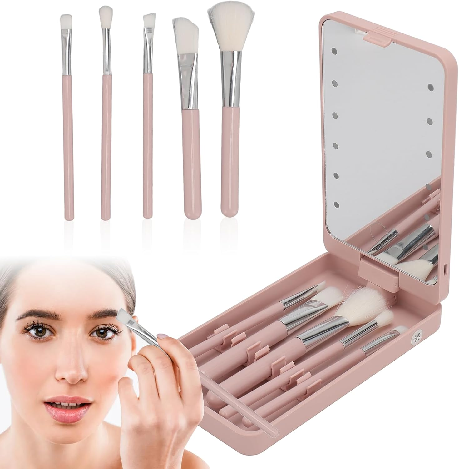 Travel Makeup Brush Set with LED Light Mirror, Cosmetic Makeup Brushes Kit with Holder Case and Mirror, Cosmetic Brushes Kit with Rotatable Foldable LED Mirror for Home Dormitory image number 3