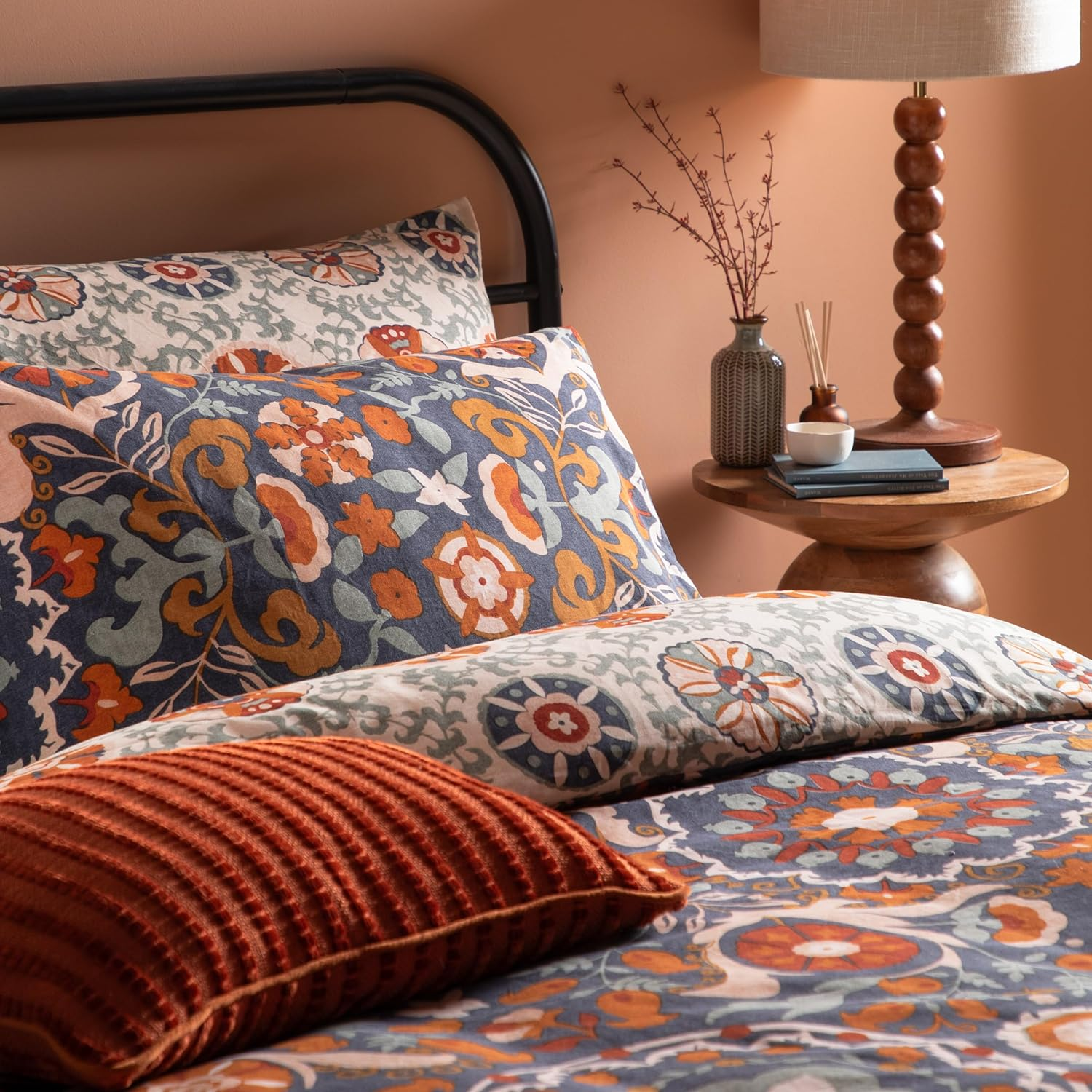 Furn. Kinfolk Duvet Cover Set &ndash; Reversible Suzani-Inspired Floral Geometric Tile Bedding Set (Denim Blue - Double)