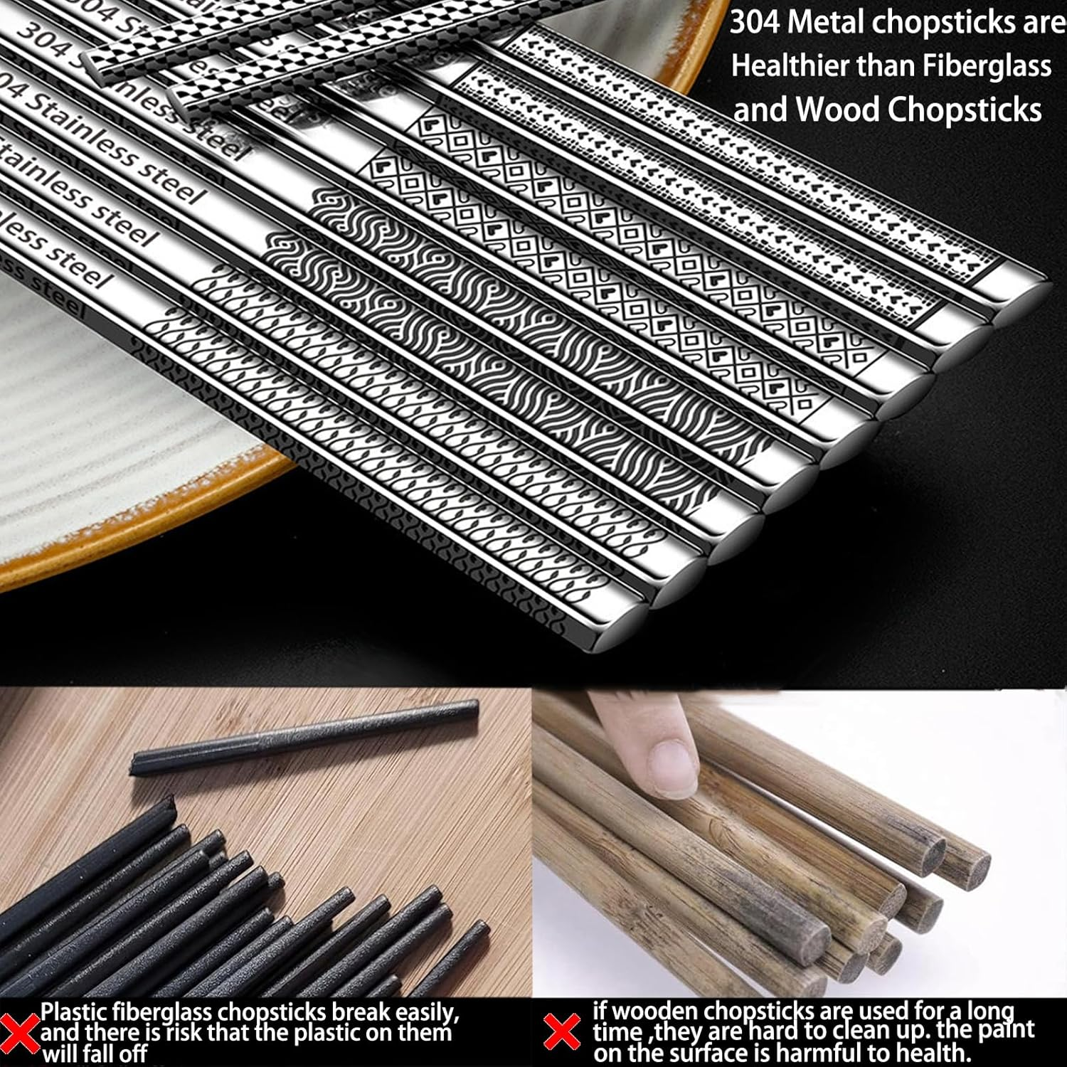 5 Pairs Stainless Steel Chopsticks - Reusable, Dishwasher Safe, Square, Lightweight, Laser Engraved, Non-Slip - 304 Metal Chop Sticks