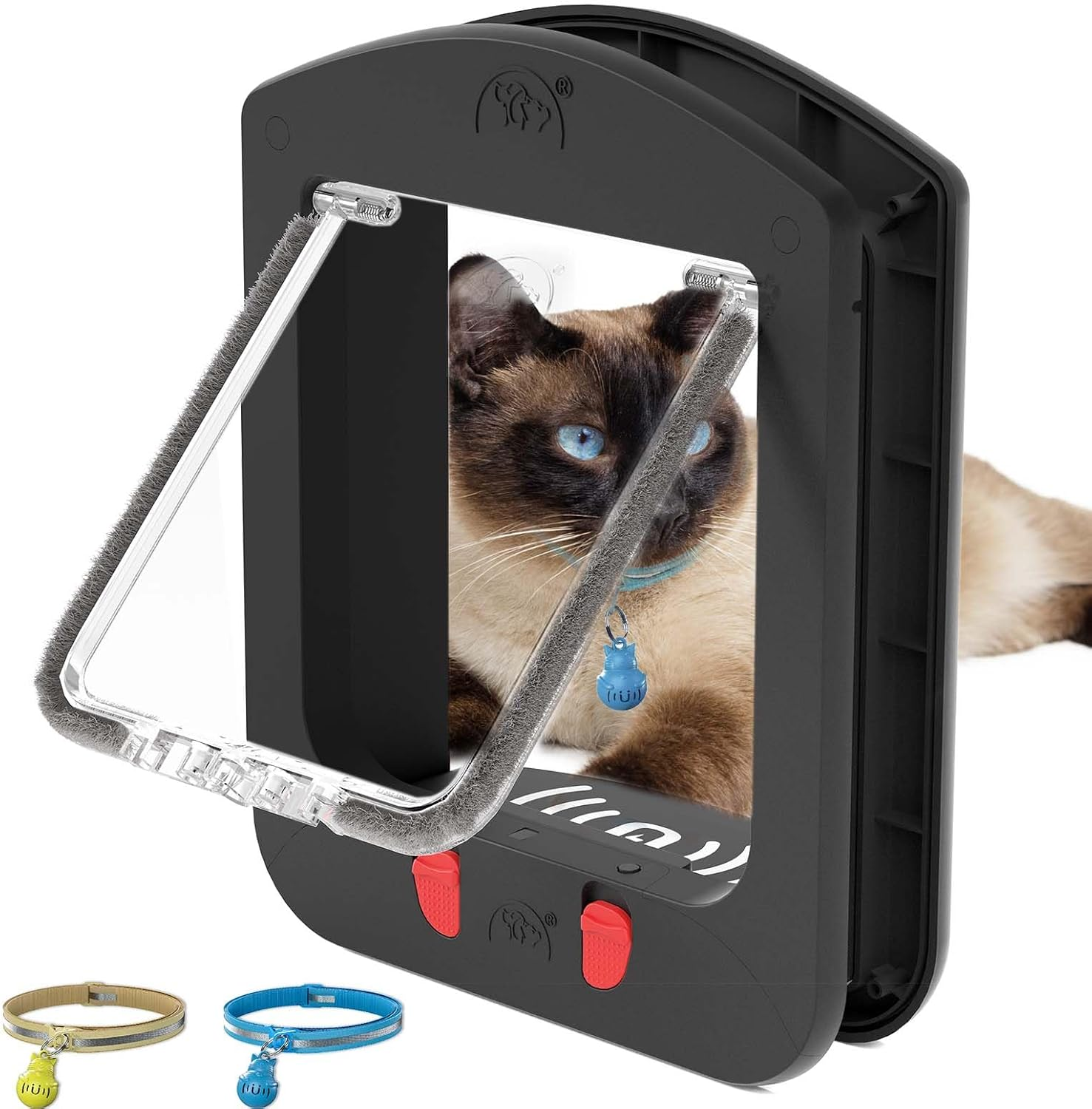 [ALUMANI] Cat Door for Interior Door and Exterior Door, 4 Way Locking with Magnetic Flap, Collar Activated Cat Door, 2Pcs of Cat Magnetic Collars, Black