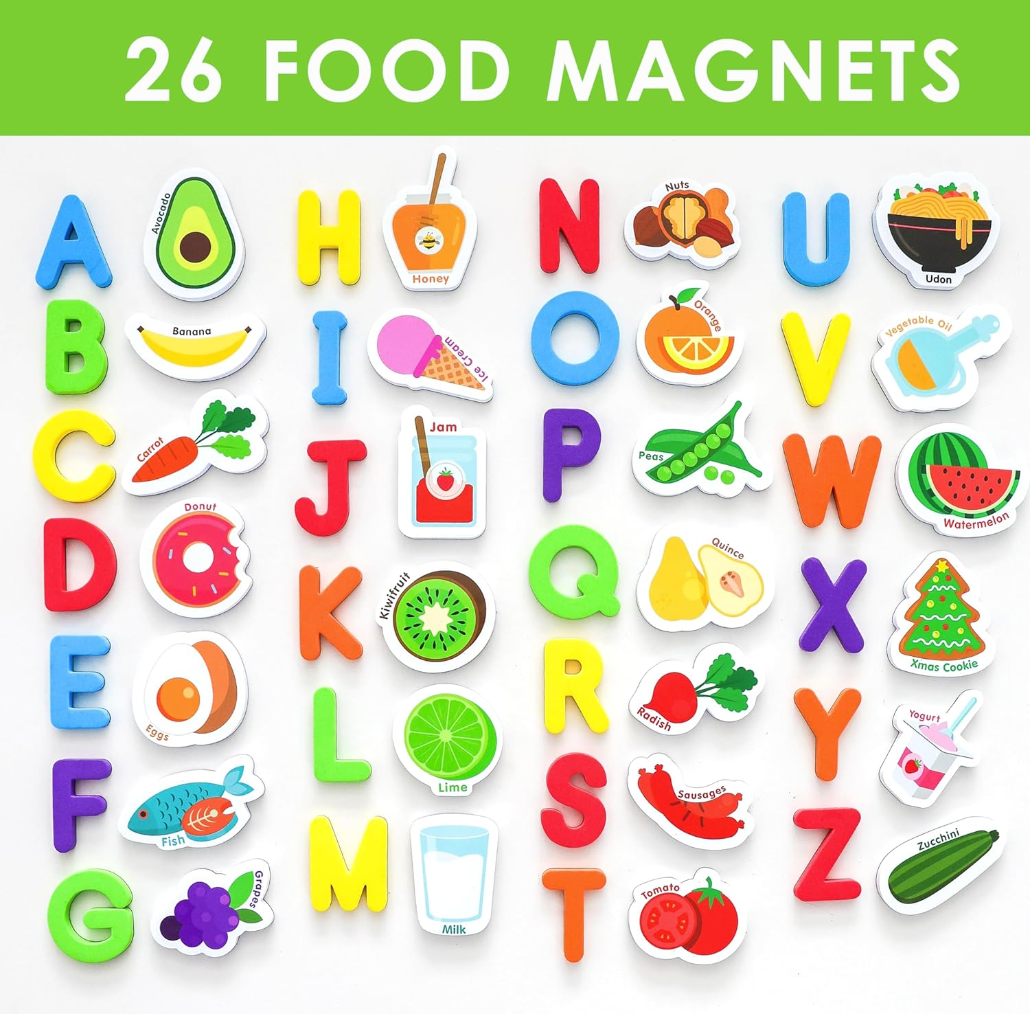 Curious Columbus Fridge Magnets for Toddlers &ndash; Magnetic Learning for Toddlers &ndash; Set of 52 Toddler Magnets Including 26 Big Foam Food and 26 ABC Alphabet Pieces. Magnetic Refrigerator Fun for Kids image number 2
