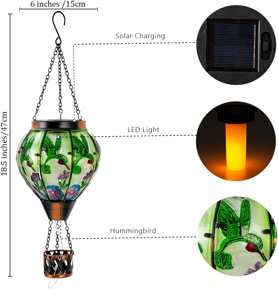 Starsoul Hummingbird Hot Air Balloon Solar Lantern with Candle Holder Glass Outdoor Solar Hot Air Balloon Flickering Flame Lamp Hanging Garden Light Waterproof for Lawn Porch Tree Yard Decorations - Purple-2Pc image number 6