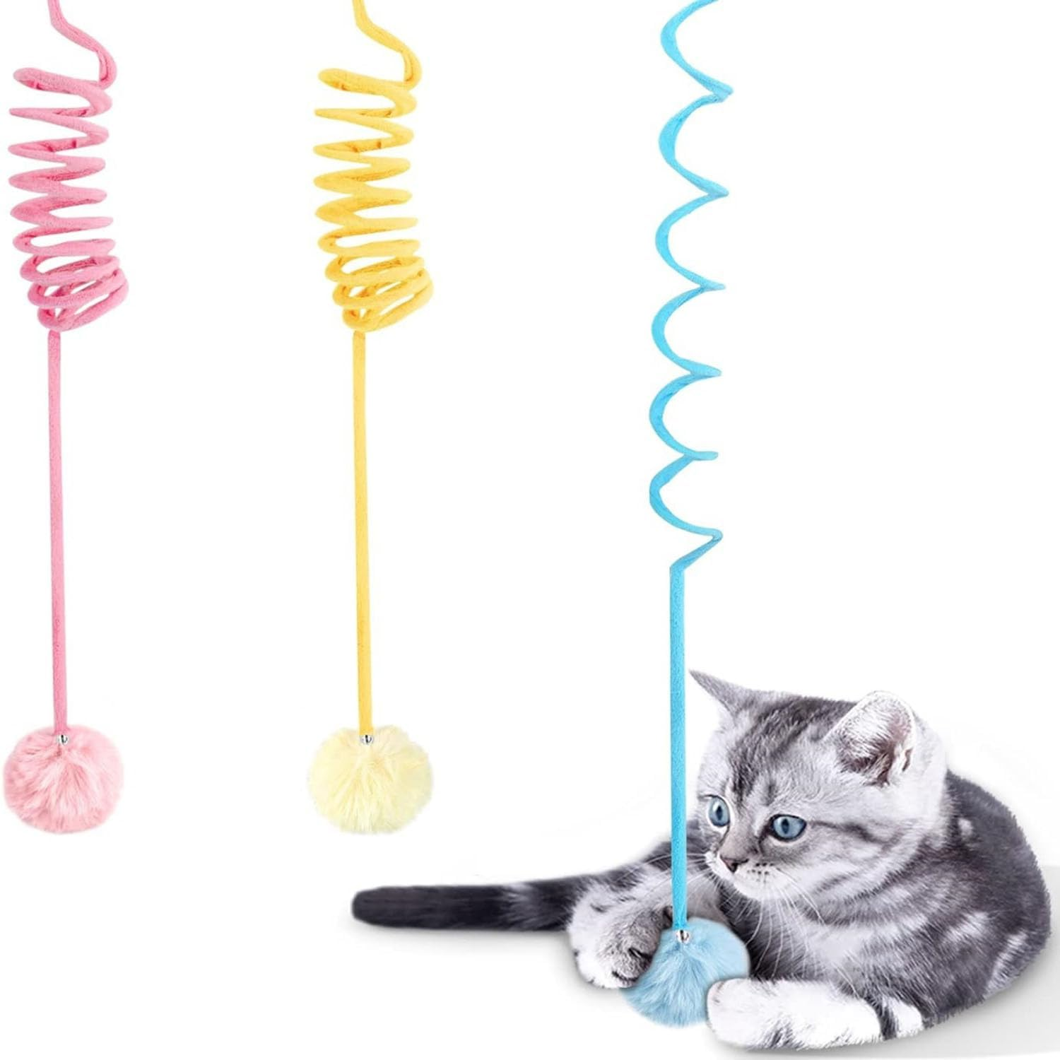 Suction Cup Cat Toys 6 PCS Interactive Play Spring Pom Ball Interactive Cat Play Set with Bell and Adjustable Cord for Indoor Kittens Adult Cats(Pink&Yellow&Blue) image number 3