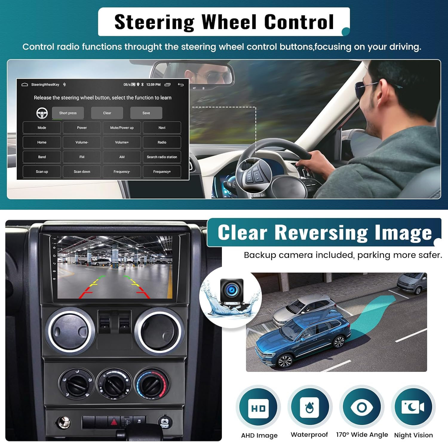 UNITOPSCI 2G+64G Android 13 Car Stereo for Jeep Wrangler 2007-2010 (2 Doors) Radio Wireless Apple Carplay Android Auto Mirror Link 9&rdquo; Bluetooth HD Touchscreen GPS FM Wifi USB SWC + Backup Camera Mic image number 3