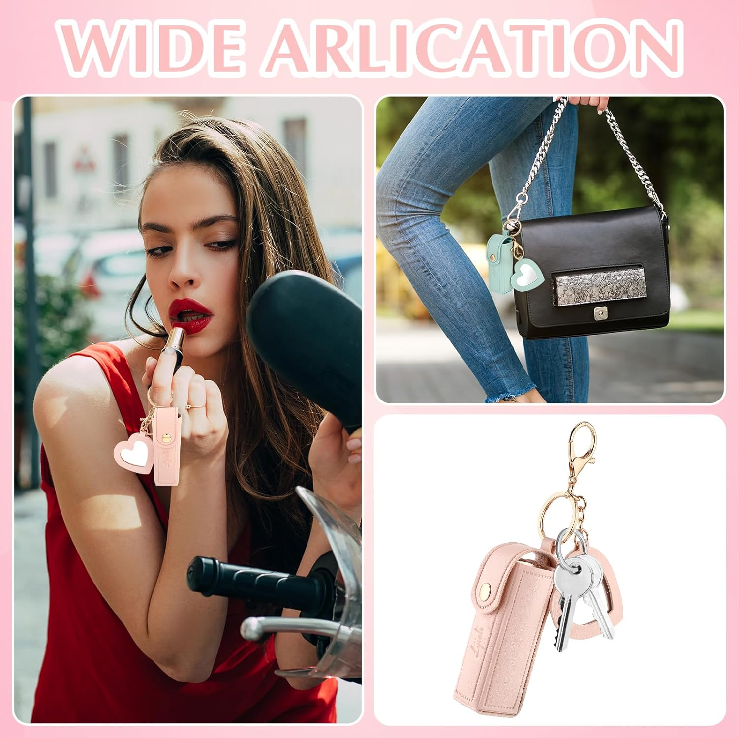 Ouligay 2 Pieces Leather Lipstick Cases Portable Lipstick Keychain Holder Chapstick Holderchapstick Keychain Holder for Women Party,Holiday Gifts(Green,Pink), Green,Pink image number 6