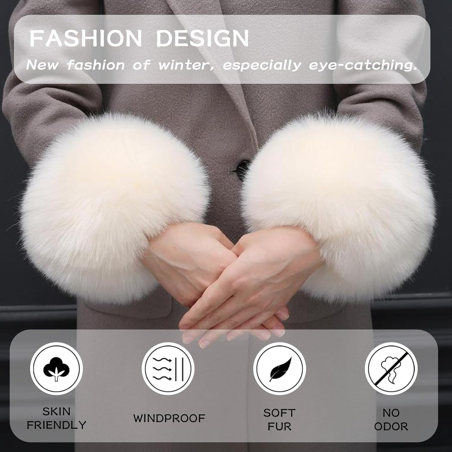 Peecabe Faux Fur Short Wrist Cuffs Women Winter Fuzzy Arm Warmers Wrist Cover Fluffy Soft - Dark Gray image number 4