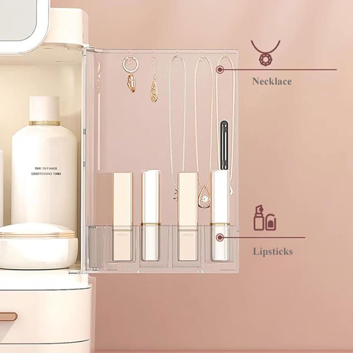 Makeup Organizer Makeup Storage Organizer Box with LED Mirror and Drawers，Jewelry Display Holder Rack, Cosmetics Case with Transparent Cover, for Bedroom Vanity Desk image number 3