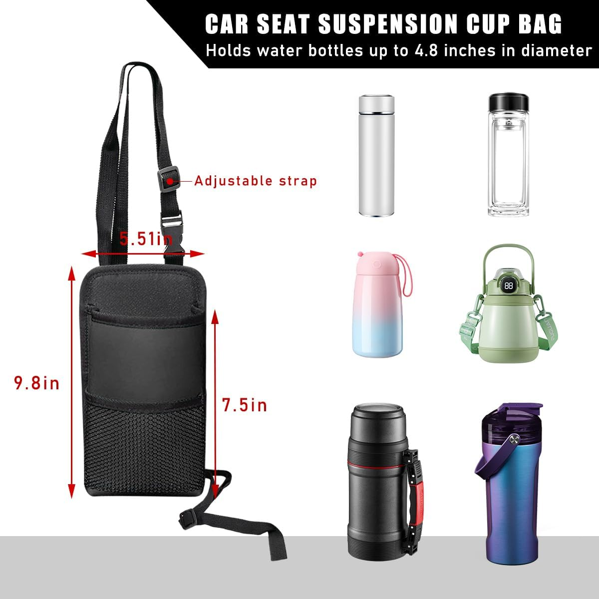 Sylvil 2 in 1 Large Cup Holder, Multifunctional Seat Side Storage Hanging Bag with Mesh Pocket, Car Water Bottle Storage Sleeve with Adjustable Strap, Car Accessories for Drinks (Black)