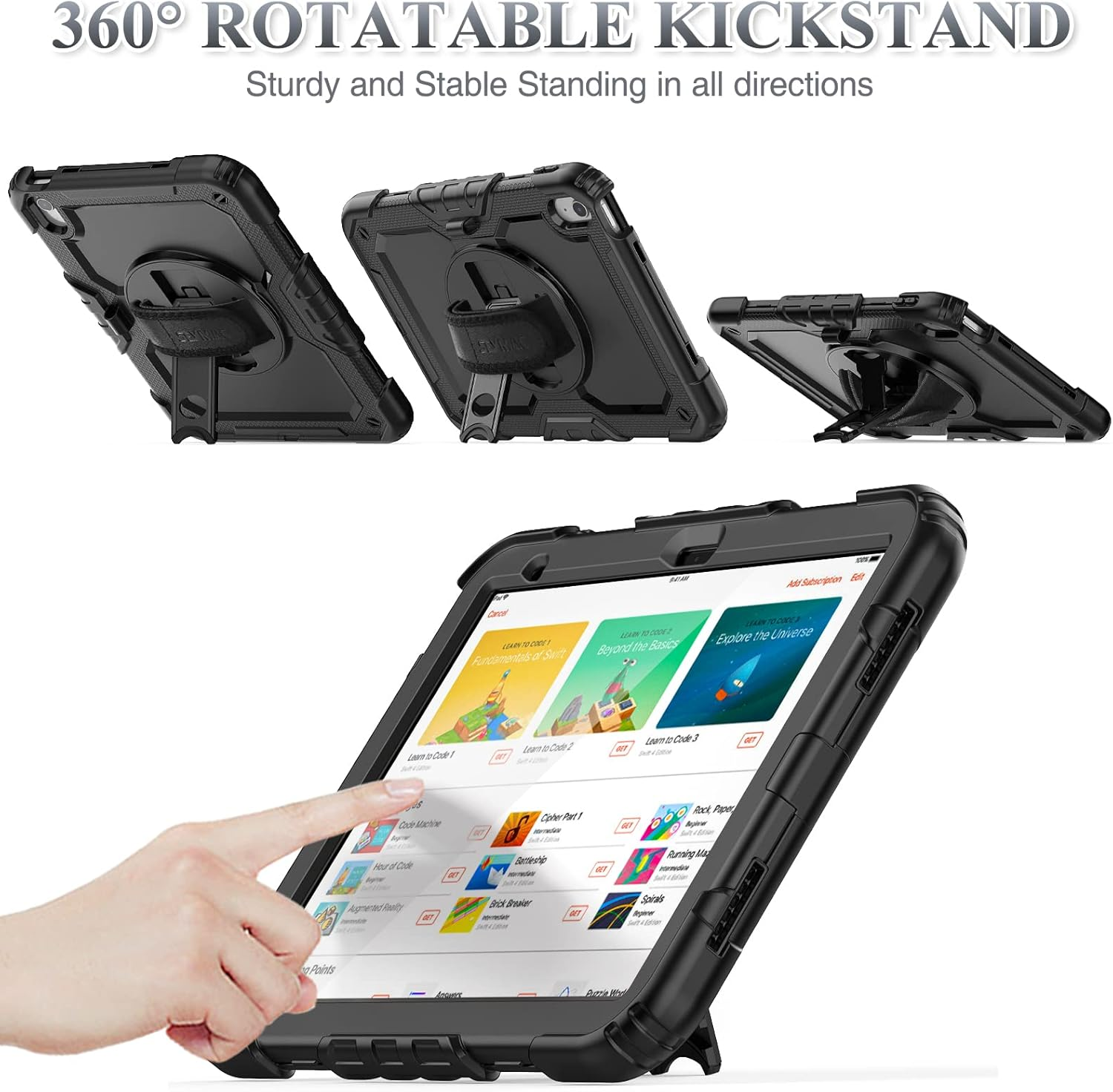 SEYMAC Stock Case for Ipad 11Th(A16) Generation 11" 2025/10Th Generation 10.9'' 2022, Shockproof Case with Screen Protector, 360&deg; Rotate Hand Strap/Stand, Black image number 1