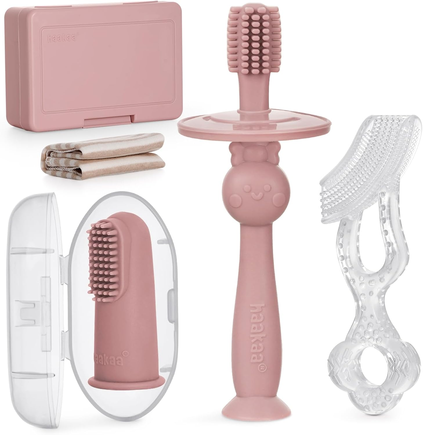 Haakaa Silicone Teether Brush Finger Brush Toothbrush, 0-36 Months - Infant Oral Care Set (Blush) image number 6