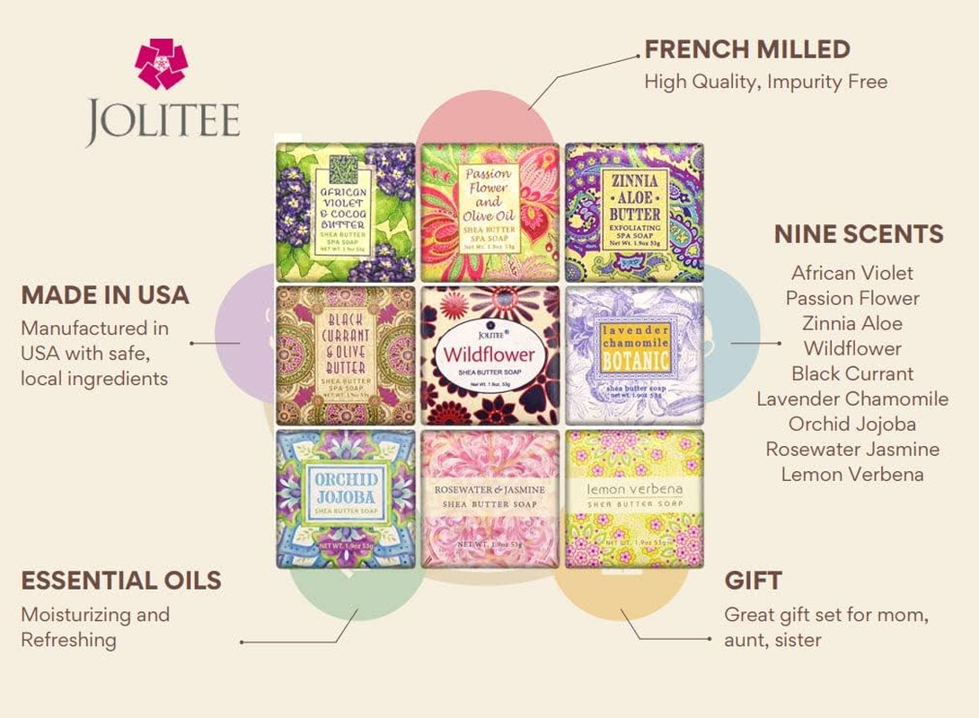 (Floral Favorites) - French Milled Botanical Soap Sampler Set in Nine Fabulous Scents, Individually Wrapped Vegetable Based Mini Soaps with Essential Oils, Shea Butter and Natural Extracts (Floral Favourites)