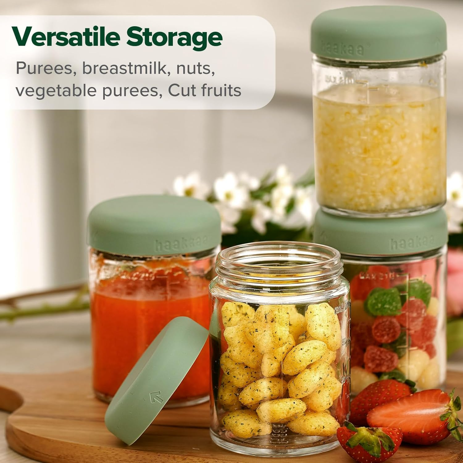 Haakaa Baby Food Storage Containers, Glass Baby Food Storage Jars with Silicone Lid, Baby Food Freezer Storage, 7Oz Baby Food Containers, Freezer Safe Microwave Safe. [4 Pack - Green Cover] image number 6