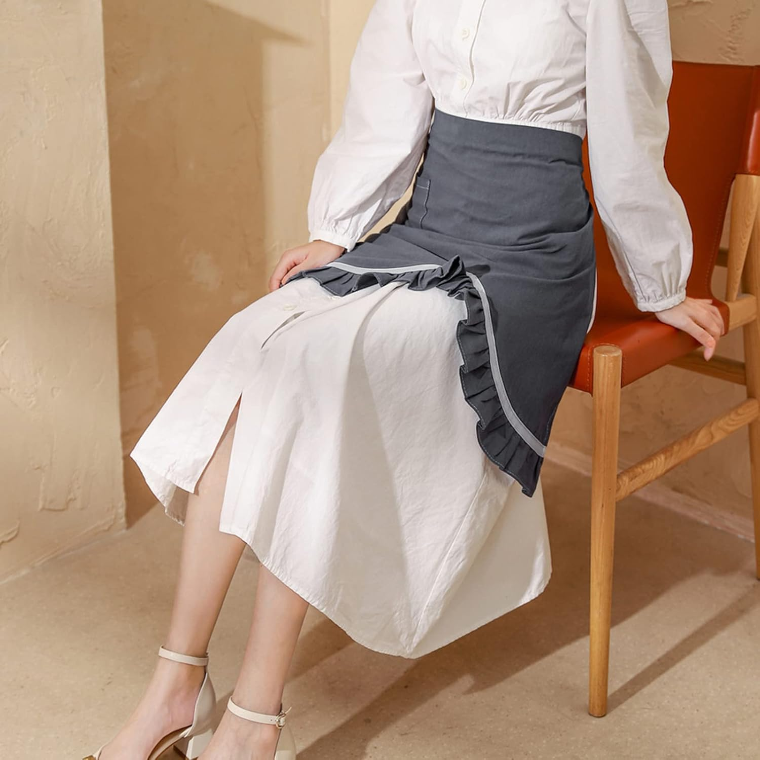 Aoozleny Women Half Apron Retro Waist Apron Ruffle Vintage Apron with Pocket for Chef Cafe Server Waiter Cooking Kitchen