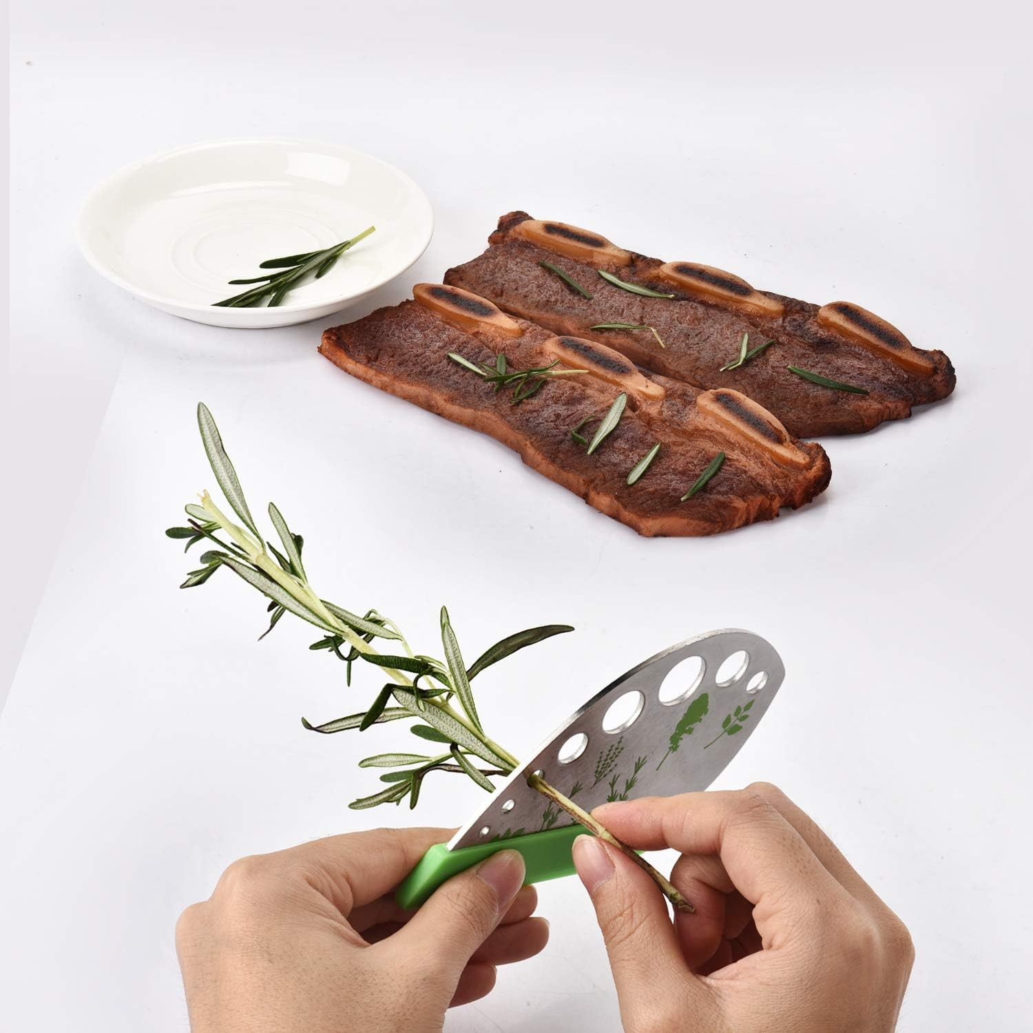Leaf Herb Stripper, Stainless Steel Kitchen Herb Stripper Tool, 9Holes, 2 in 1 Design,Curved Edge Can Be Used as a Kitchen Knifefor Chard, Collard Greens, Parsley, Basil, Rosemary Herb, Taragon, Thym image number 1