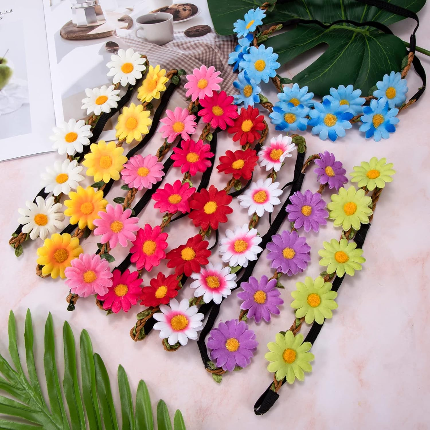 Flower Headband, Multicoloured, Women'S Girls' Flower Crown, Floral Garland Headbands with Elastic Band for Party, Holiday, Festival, Wedding, Pack of 10 image number 3