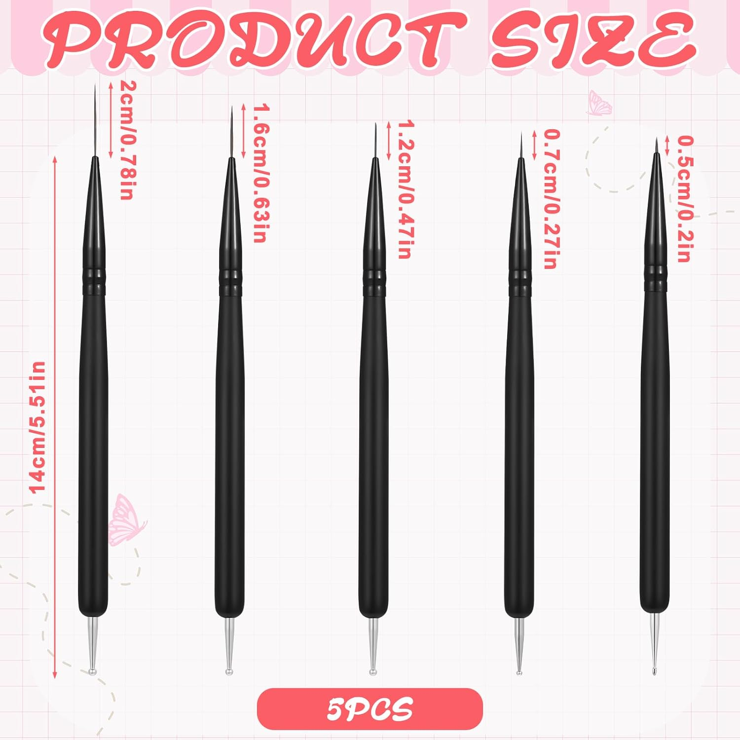 Set of 5 Nail Art Brush Liner Brushes and Dotting Tool Set Painting Art Design Brush Set Double End Nail Art Brush Set for Nail Design and Gel Nails Thin Details Long Lines 5/7/12/16/20 Mm image number 2