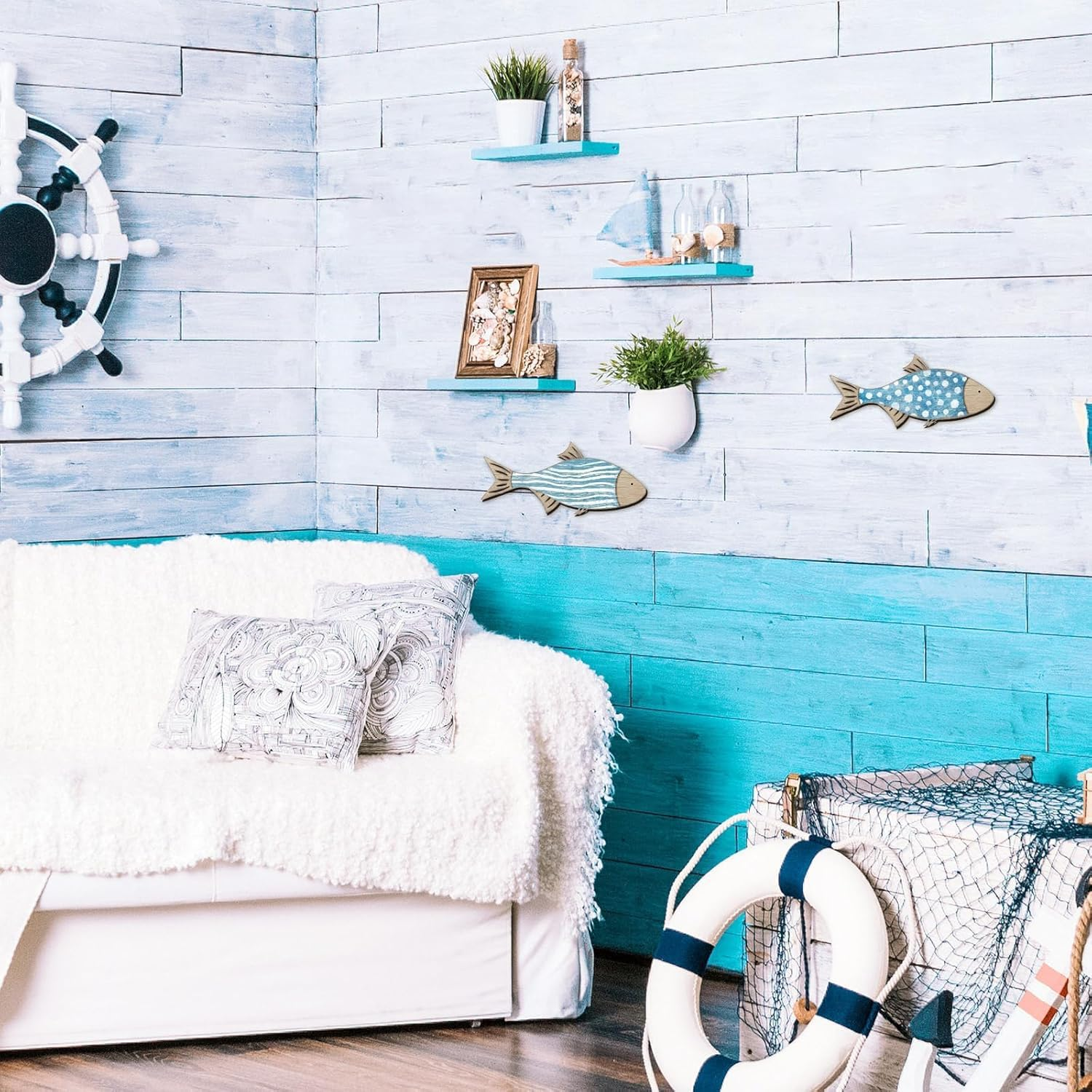 Walquicks 3 Pcs Wooden Fish Coastal Decor Set, Wall Decor Beach Themed Room Decor, Vintage Lake House Decor, Nautical Ocean Wooden Fish Wall Art Decor for Home Indoor Outdoor Bathroom Living Room image number 4