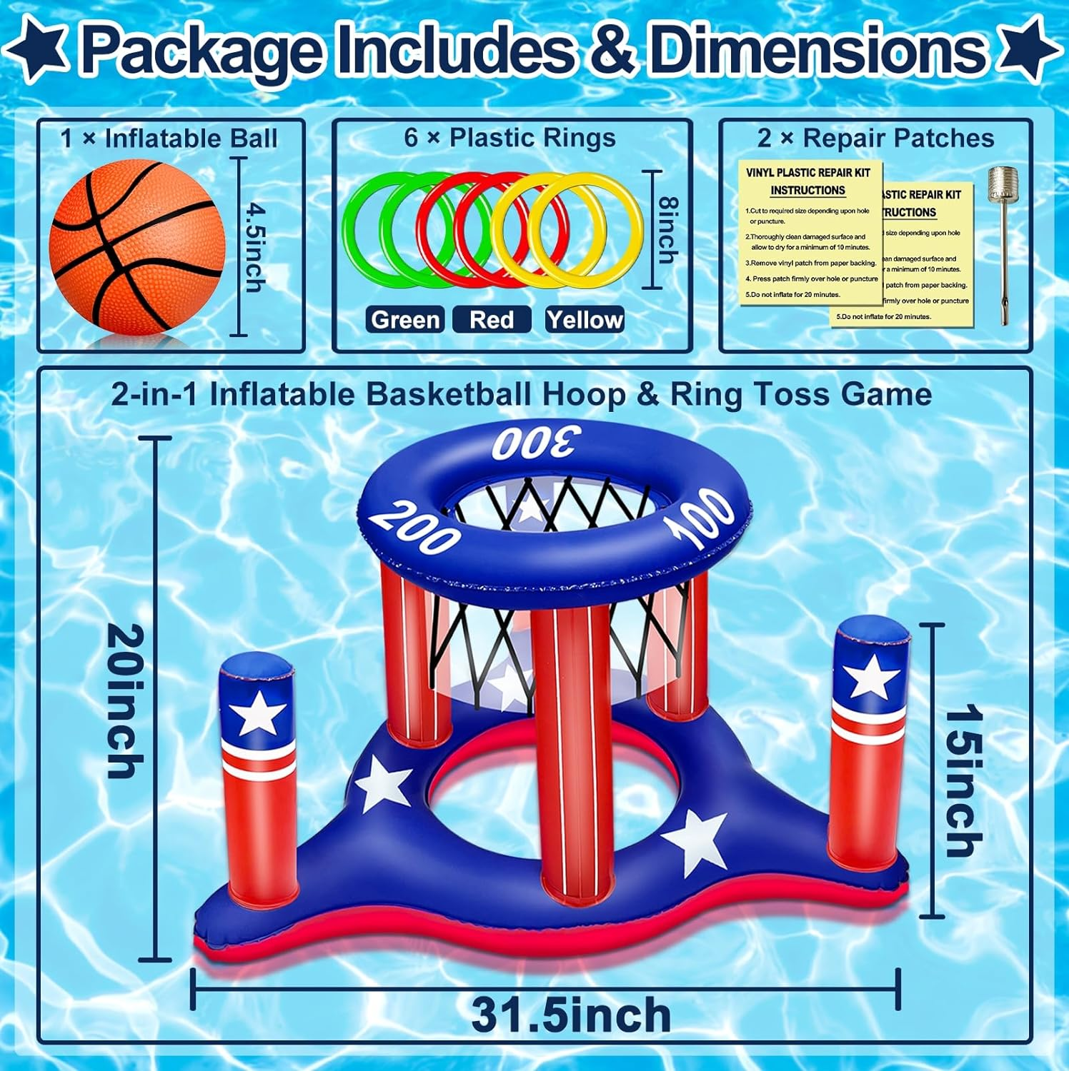 American Flag Inflatable Cross Ring Toss with Floating Basketball Hoop, 6 Rings and 1 Basketball image number 5