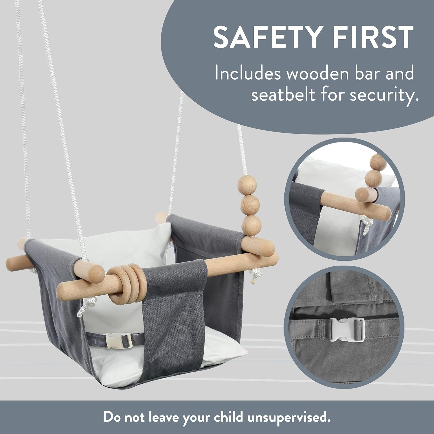 Baby Swing Chair for Indoor & Outdoor Fun &ndash; Soft Cotton Canvas Toddler Swing with Beech Wood Frame &ndash; Safe & Comfy Baby Toys &ndash; Ideal Sensory Swing for Playground & Home Use up to 4 Years image number 4