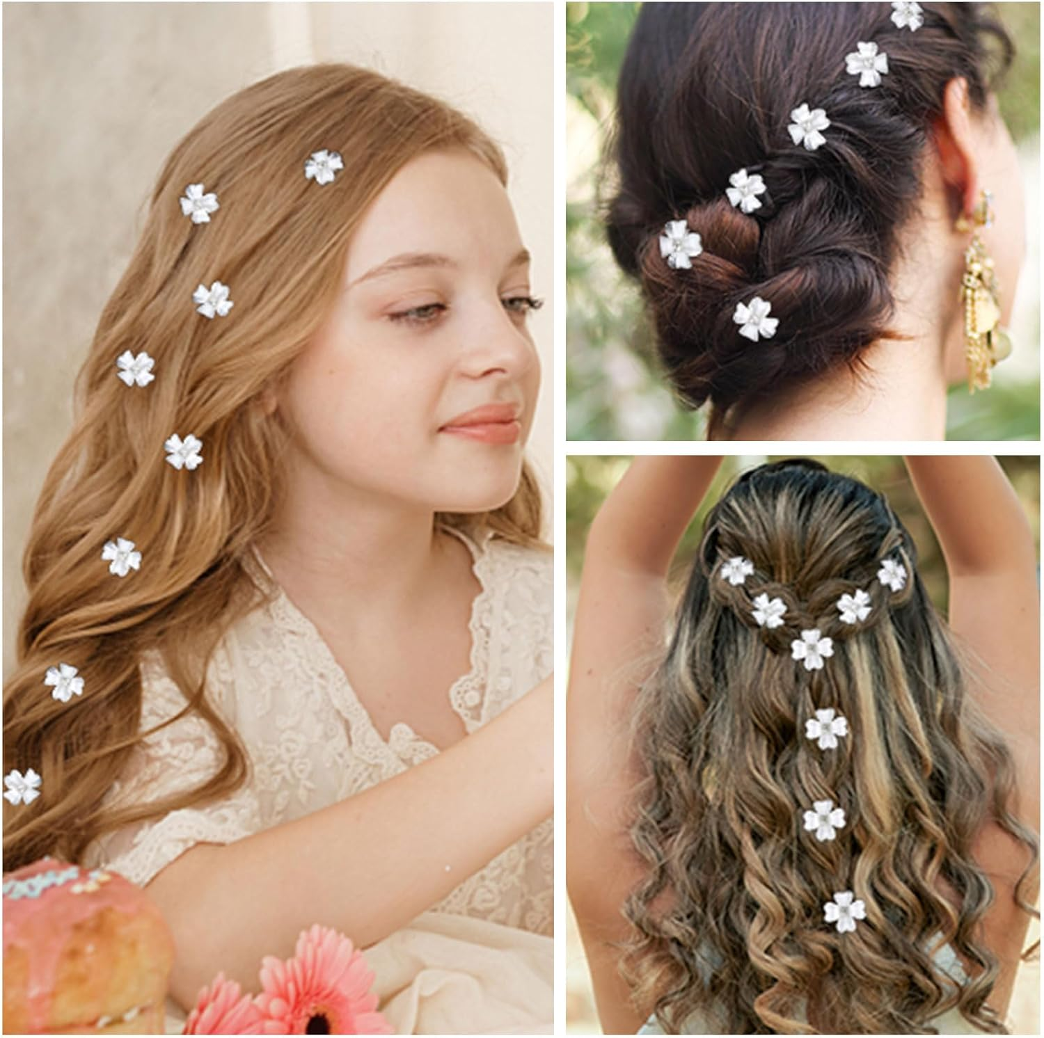 Mezrkuwr 10Pcs Mini White Flower Rhinestone Hair Clips Small Decorative Hair Clips Wedding Hair Clips Bridal Hair Accessories image number 3