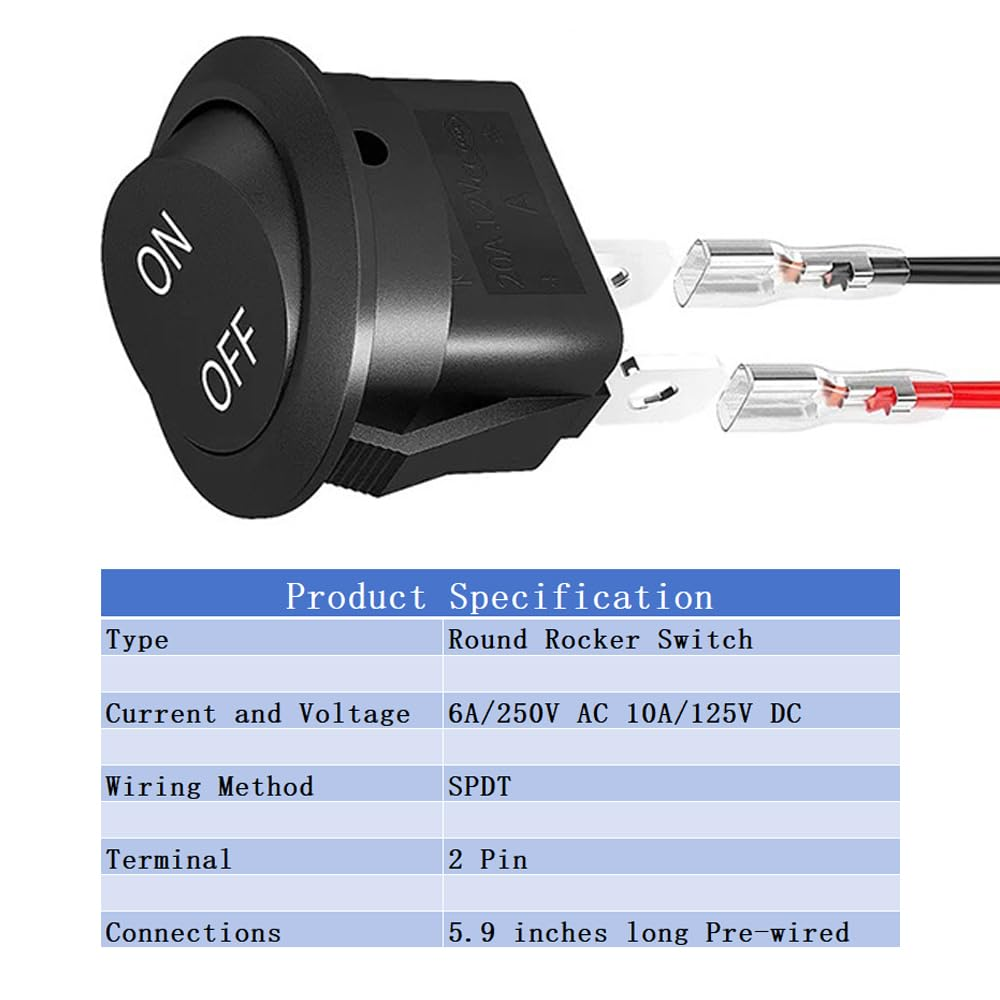 12V Circular Toggle Switch, 2-Pin SPDT, 20A/12V DC, 10A/125V AC, Black, Manual, Snap-In Mount, Hinge Lever, ON-OFF image number 6