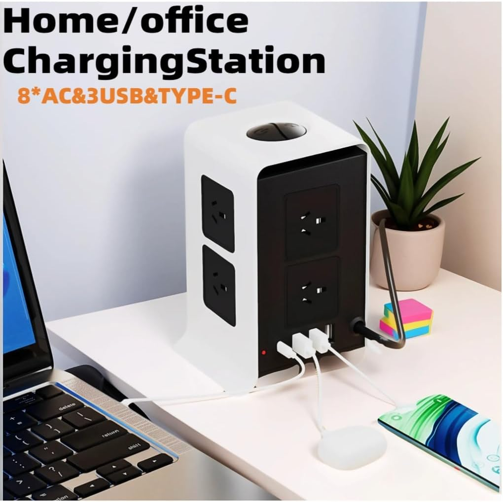 Tower Power Board, Power Strip with 8 AC Outlets and 4 USB Ports(1 USB C), 1050J Surge Protected, 2400W Multiplug Charging Station, 2 M Extension Cord for Home, Office, School image number 4