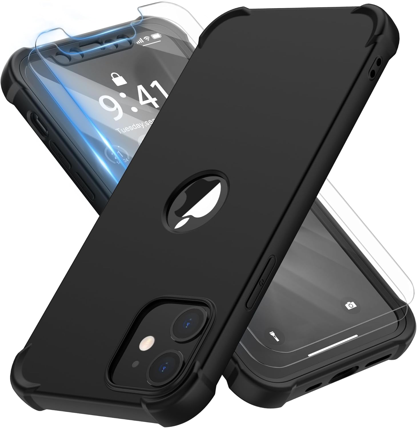 ORETECH Compatible with Iphone 12 Mini Case with [2 X Tempered Glass Screen Protector] 360&deg;Full Body Protection Hard PC TPU Slim Case for Iphone 12 Mini Case 5.4" - Black